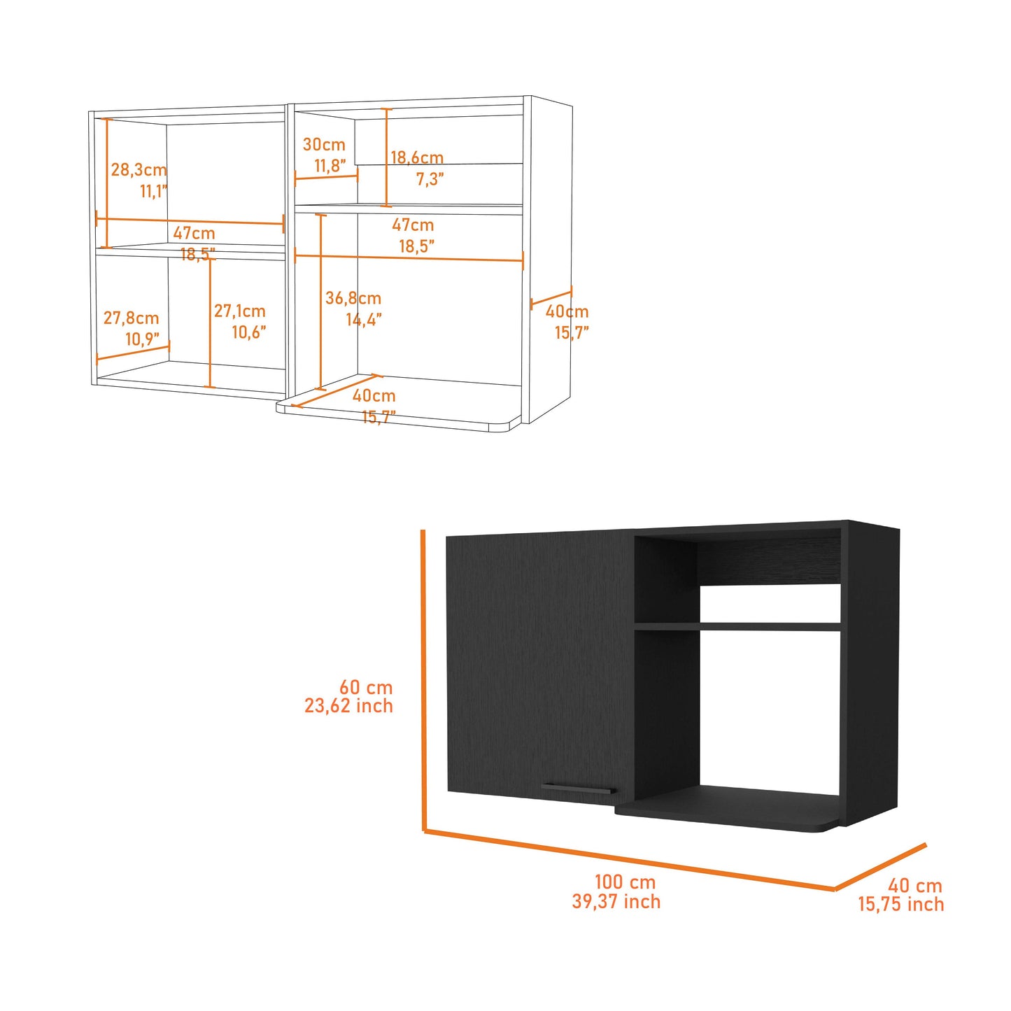 Diagram of a white modular shelving unit with dimensions