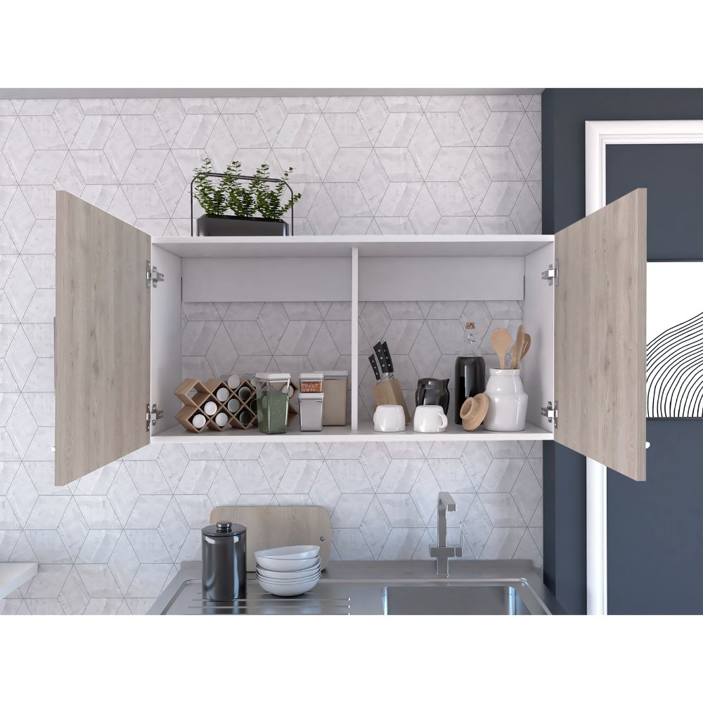 Open oak veneer kitchen cabinet with organized spices
