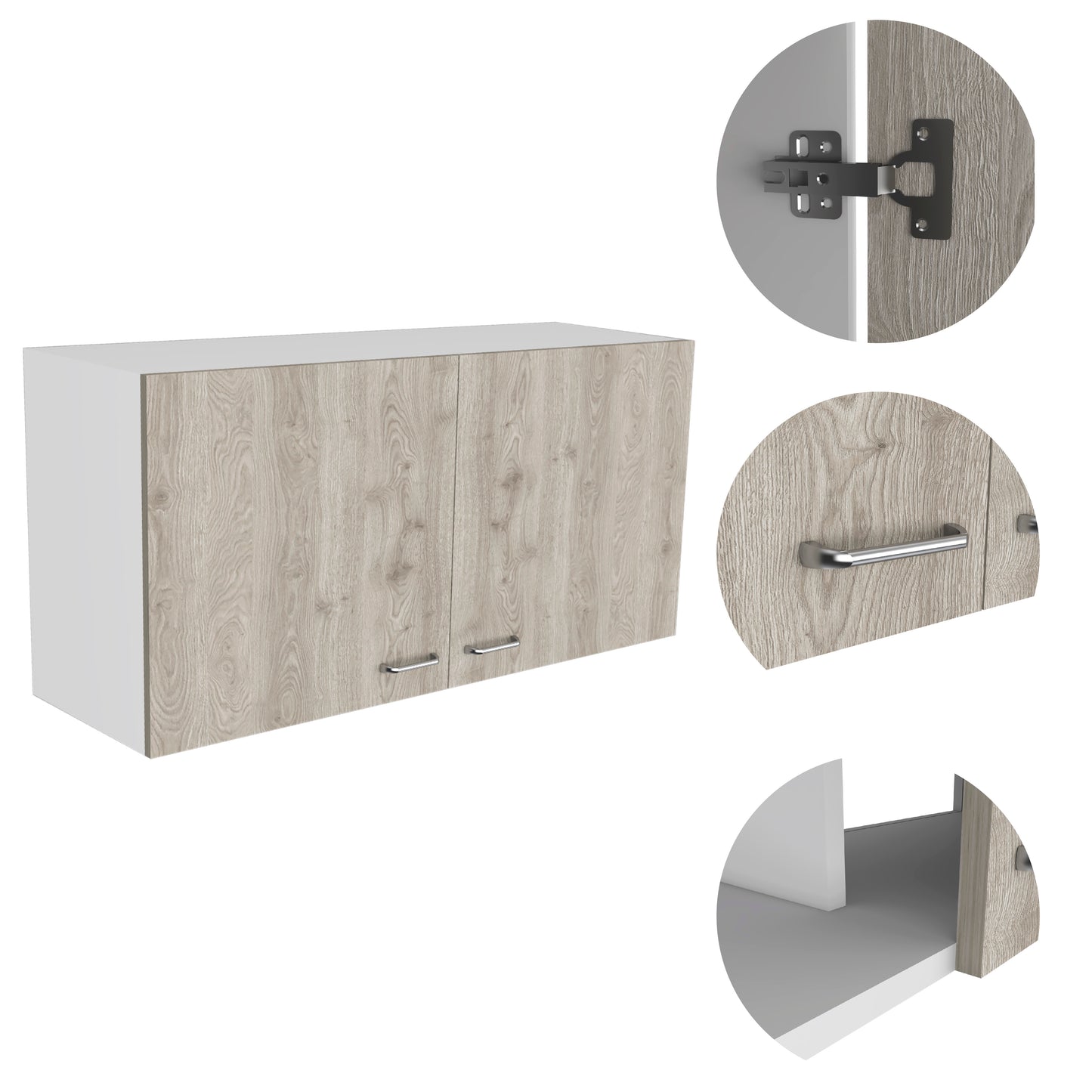 Wall cabinet with light wood grain doors and white frame