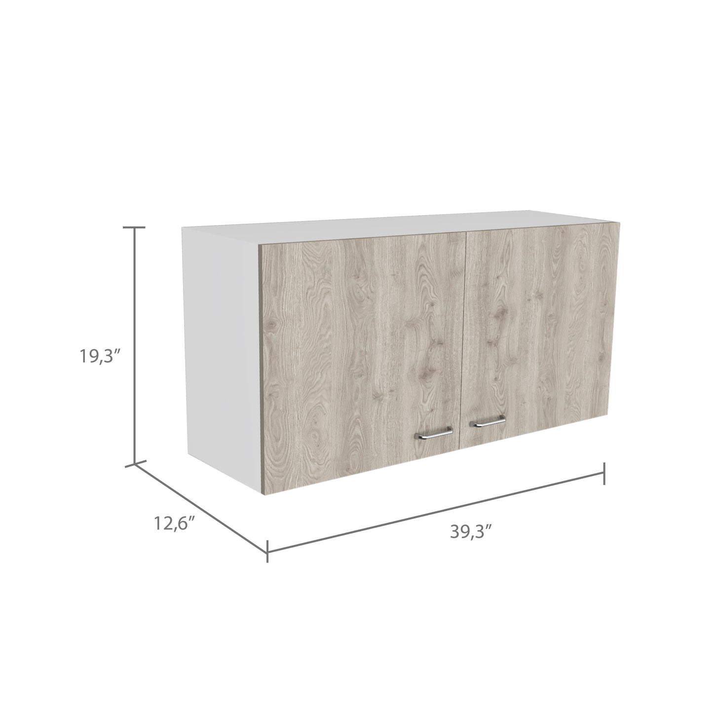 Light wood grain double door wall cabinet with brushed nickel handles