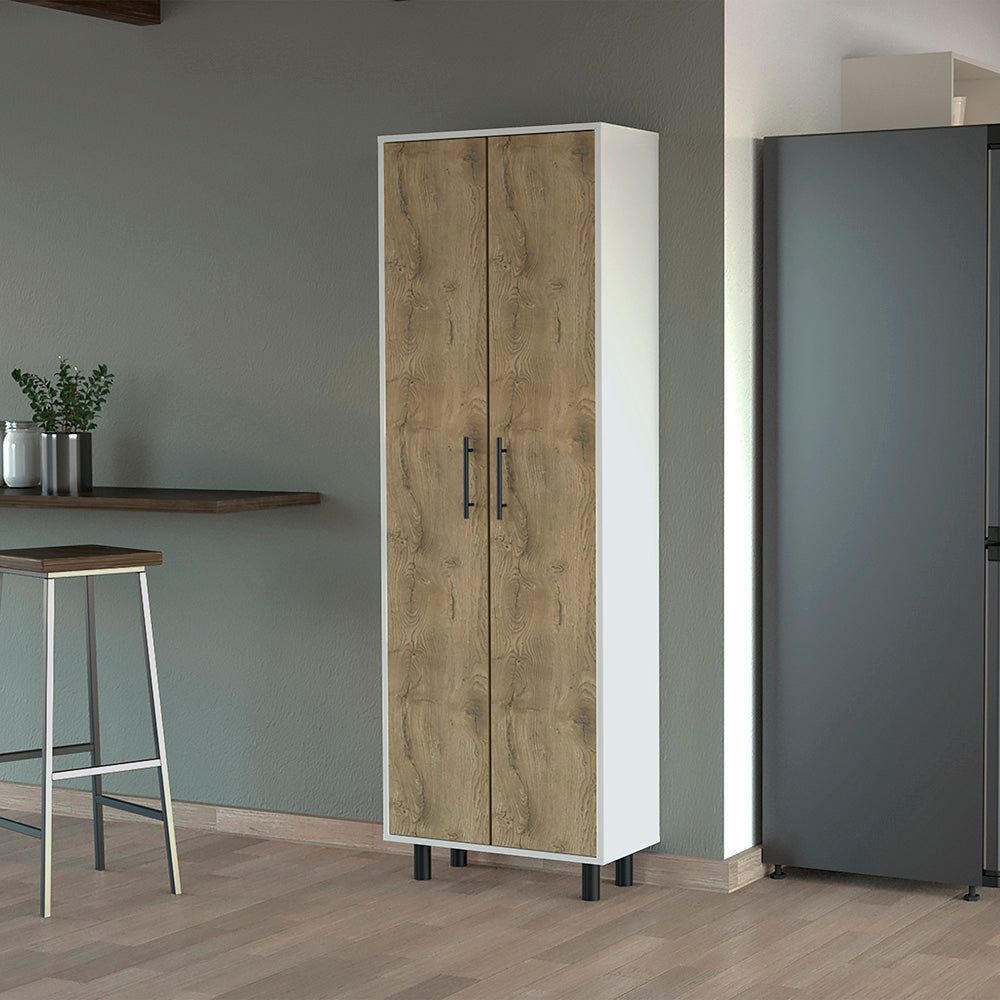 Tall white and wood grain pantry cabinet with black handles and legs