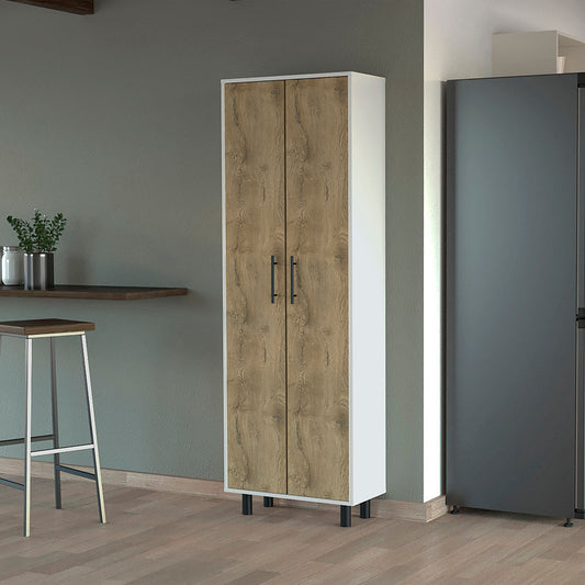 Tall white and wood grain pantry cabinet with black handles and legs