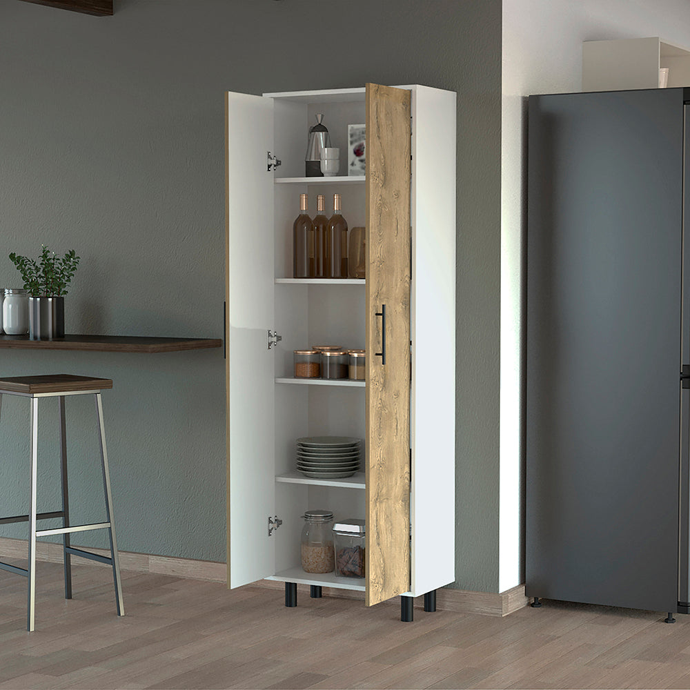 White and wood pantry cabinet with open doors