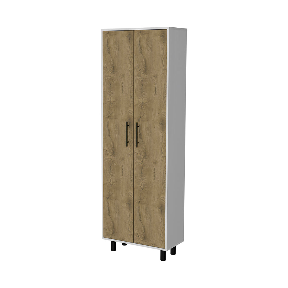 Tall white pantry cabinet with wood grain doors and black handles
