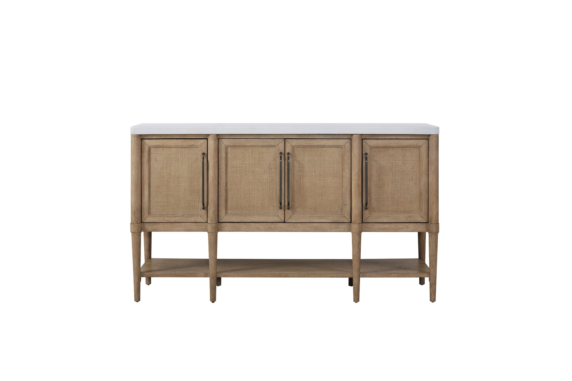 Light oak credenza with rattan doors and a white marble top