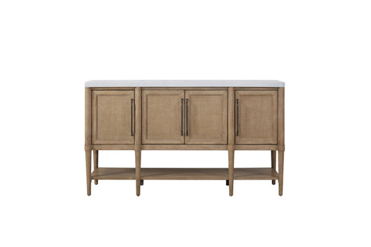 Light oak credenza with rattan doors and a white marble top