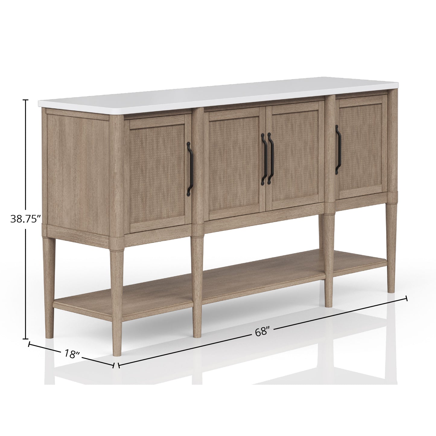 Light oak buffet cabinet with white marble top and four doors