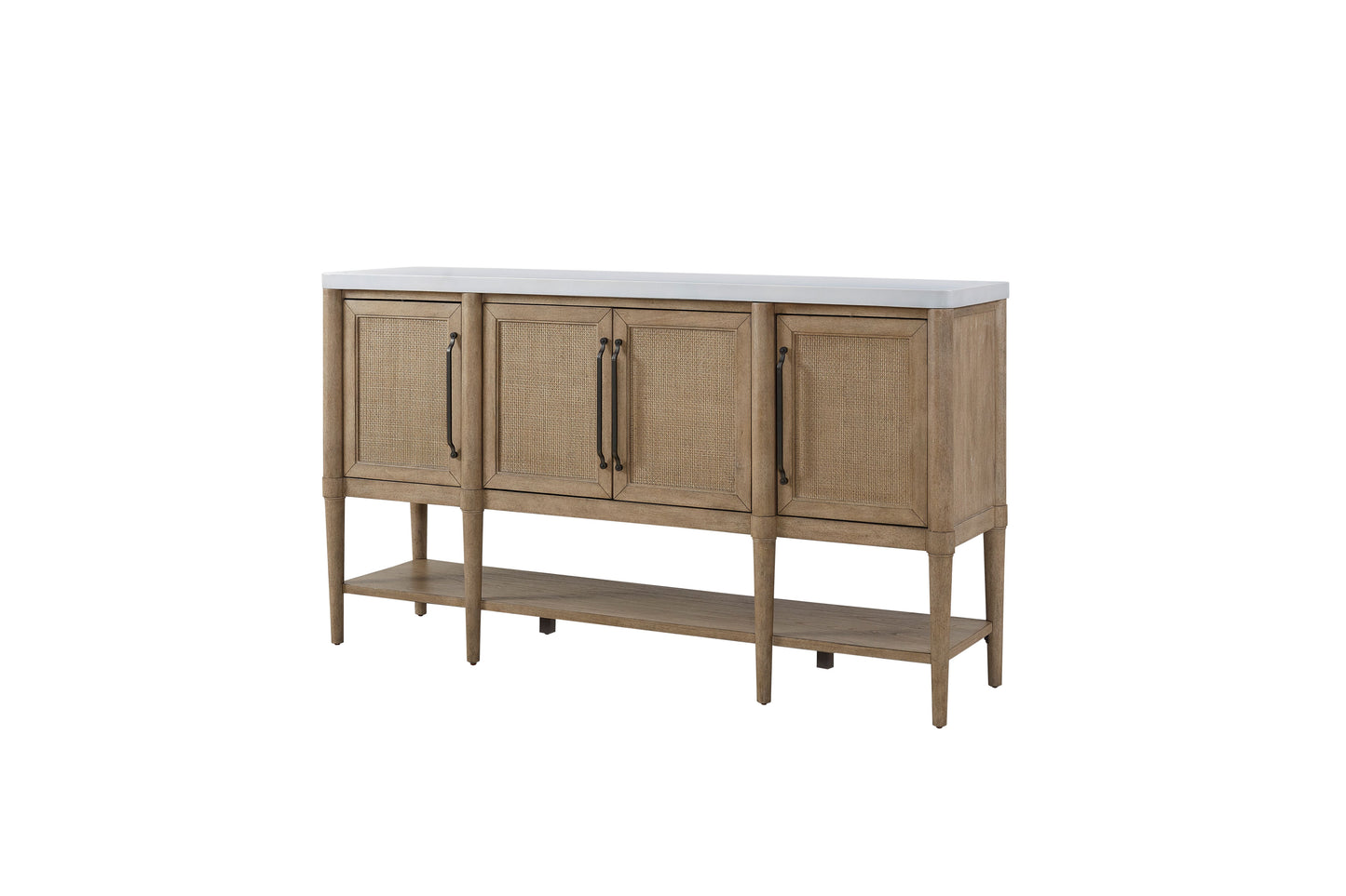 Light oak cane sideboard with white marble top and four doors