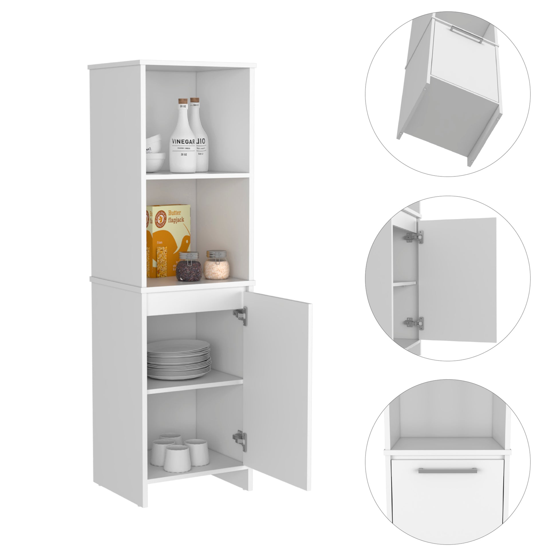 White kitchen pantry cabinet with open doors revealing shelves of dishes and jars