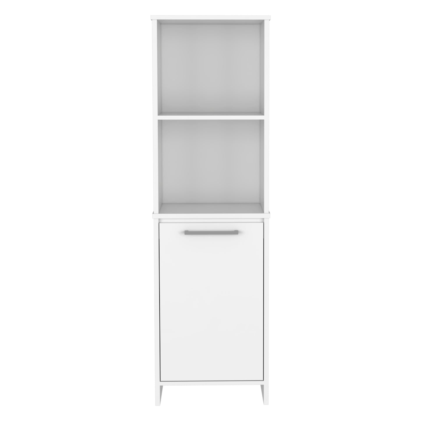 White tall bathroom cabinet with two open shelves and a single cabinet door