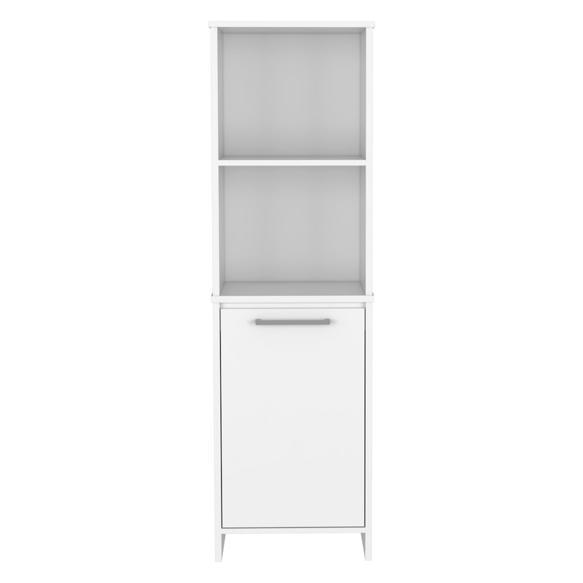 White tall bathroom cabinet with two open shelves and a single cabinet door