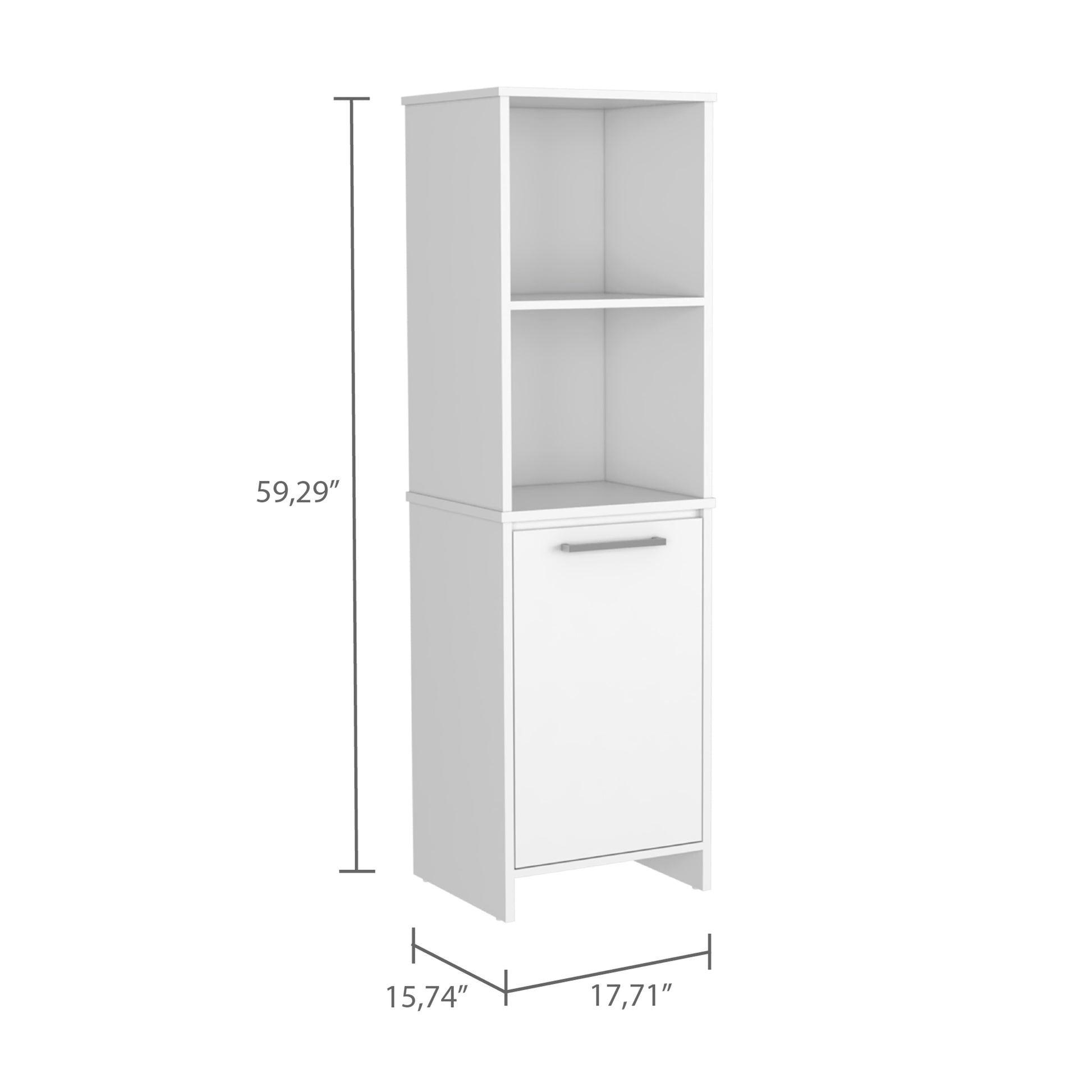 White tall narrow cabinet with two open shelves and a single door