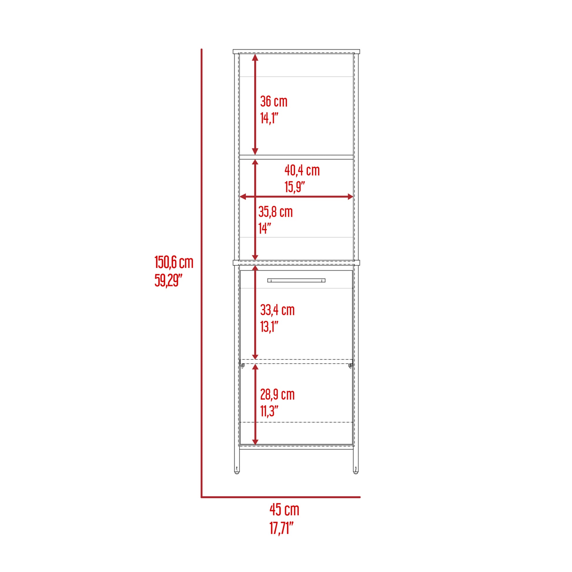 Modern white storage cabinet with open shelves and one drawer cm height