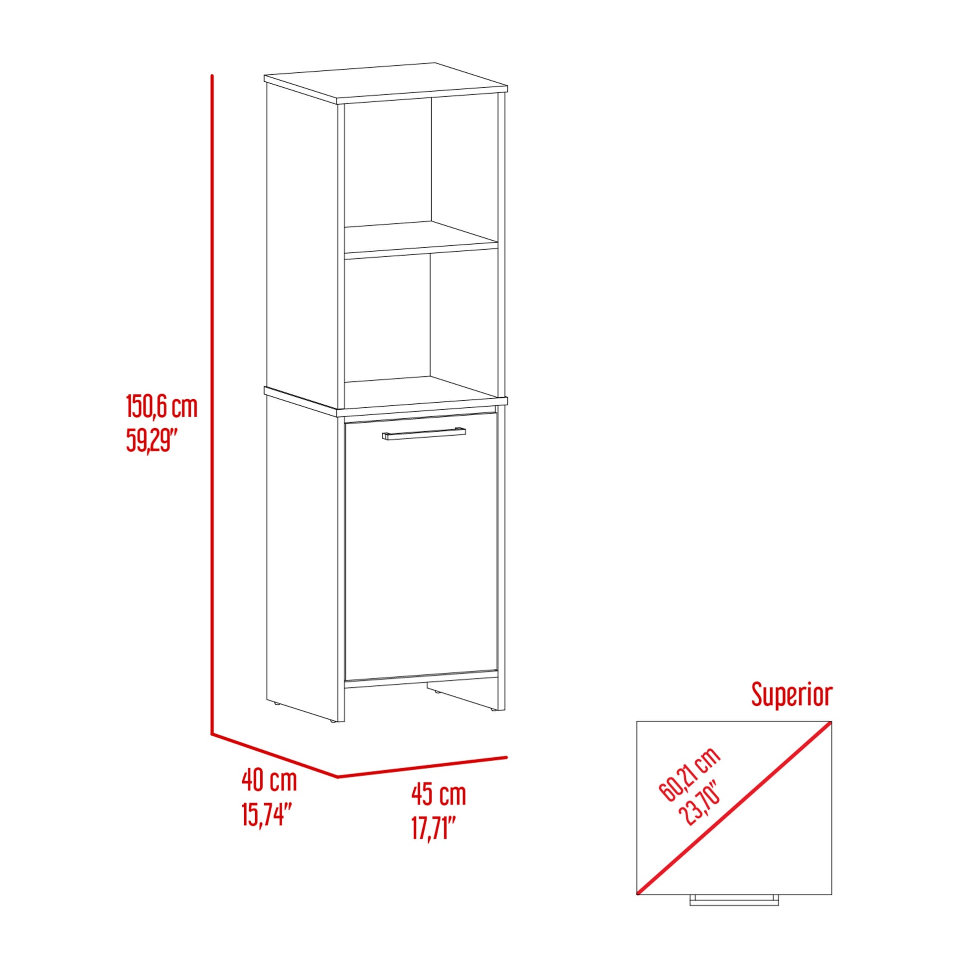 Tall white storage cabinet with two open shelves and one drawer