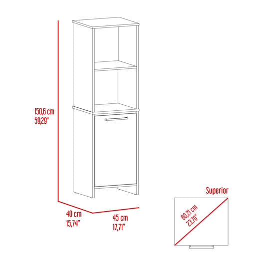 Tall white storage cabinet with two open shelves and one drawer