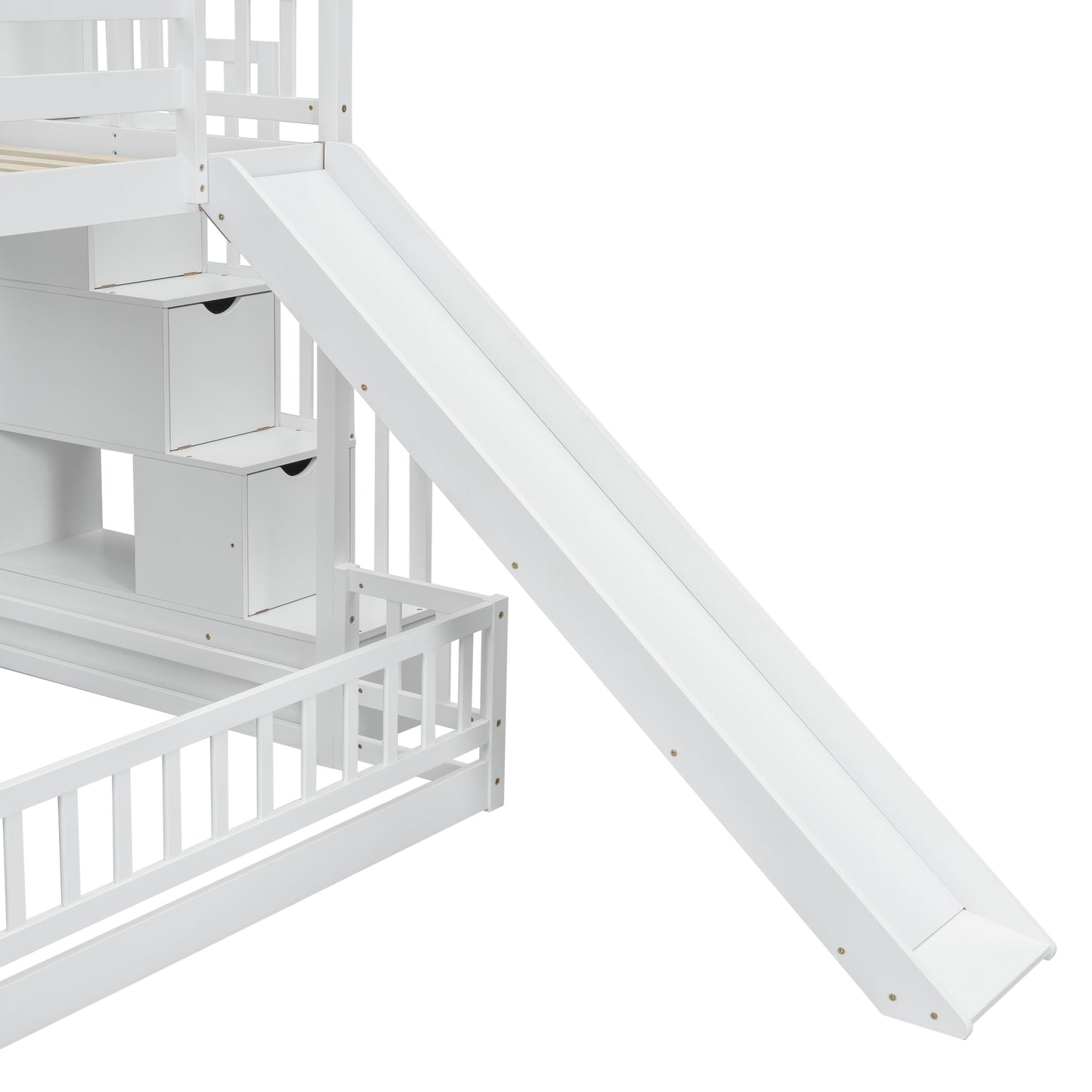 White wooden bunk bed with slide and storage stairs