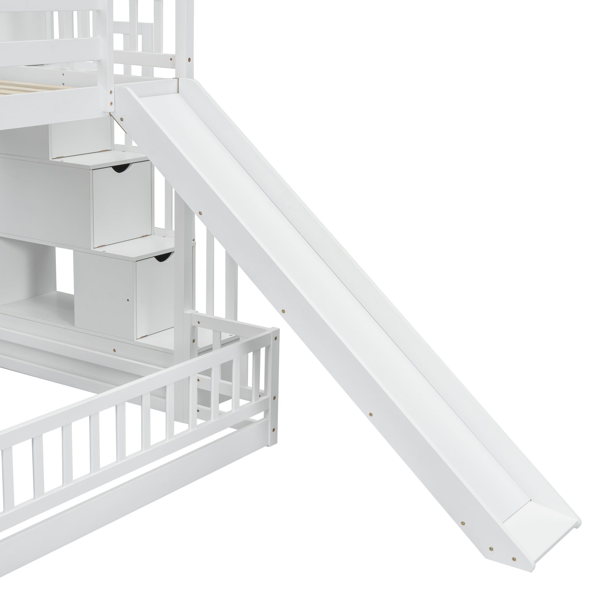 White wooden bunk bed with slide and storage stairs