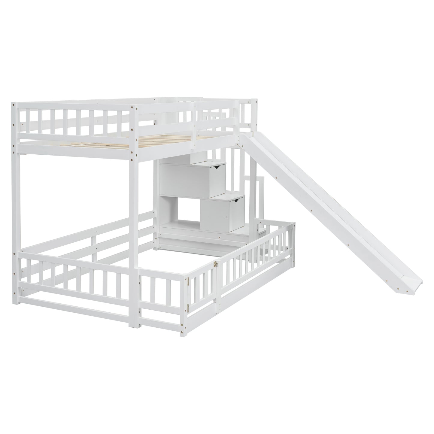 White wooden bunk bed with slide and storage stairs