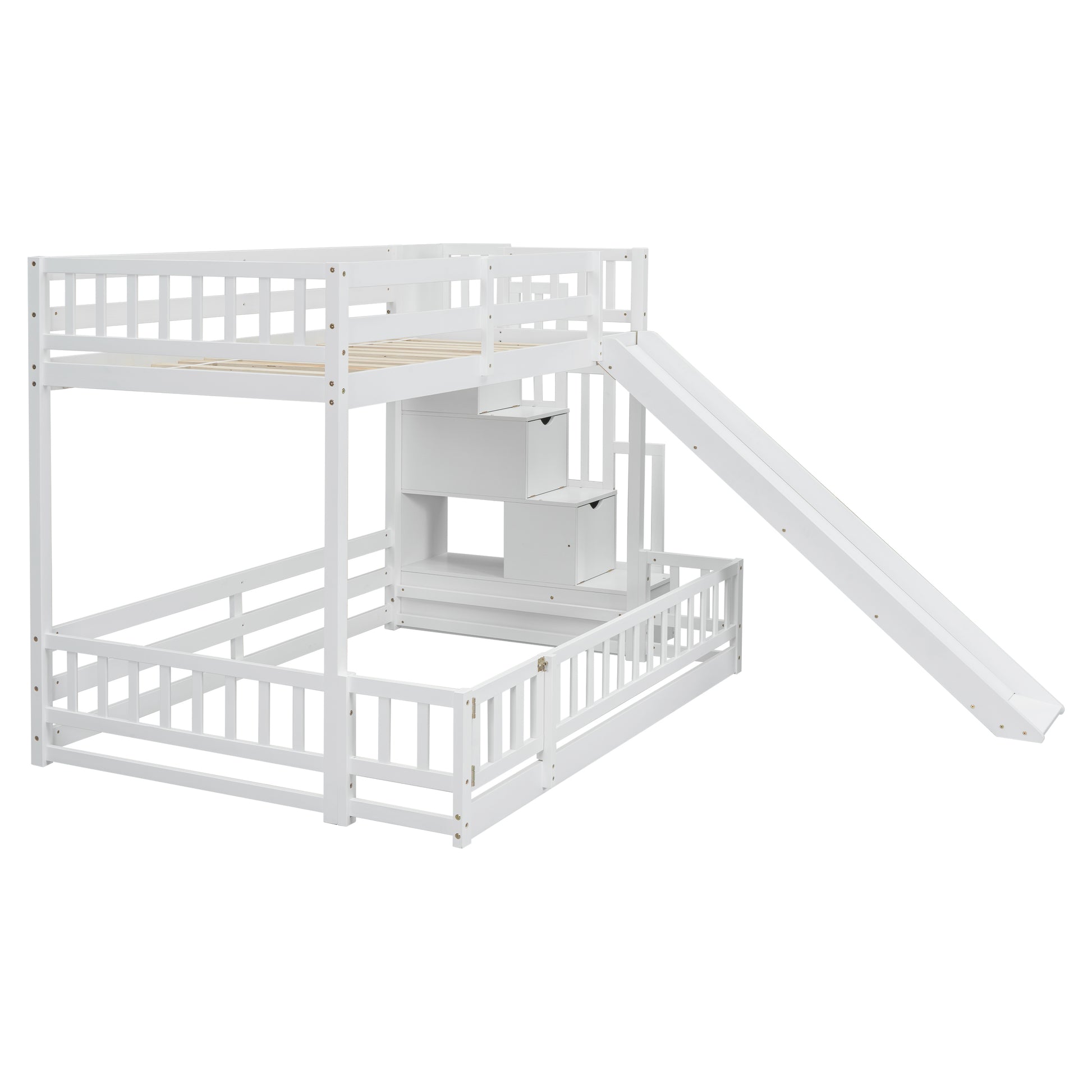 White wooden bunk bed with slide and storage stairs