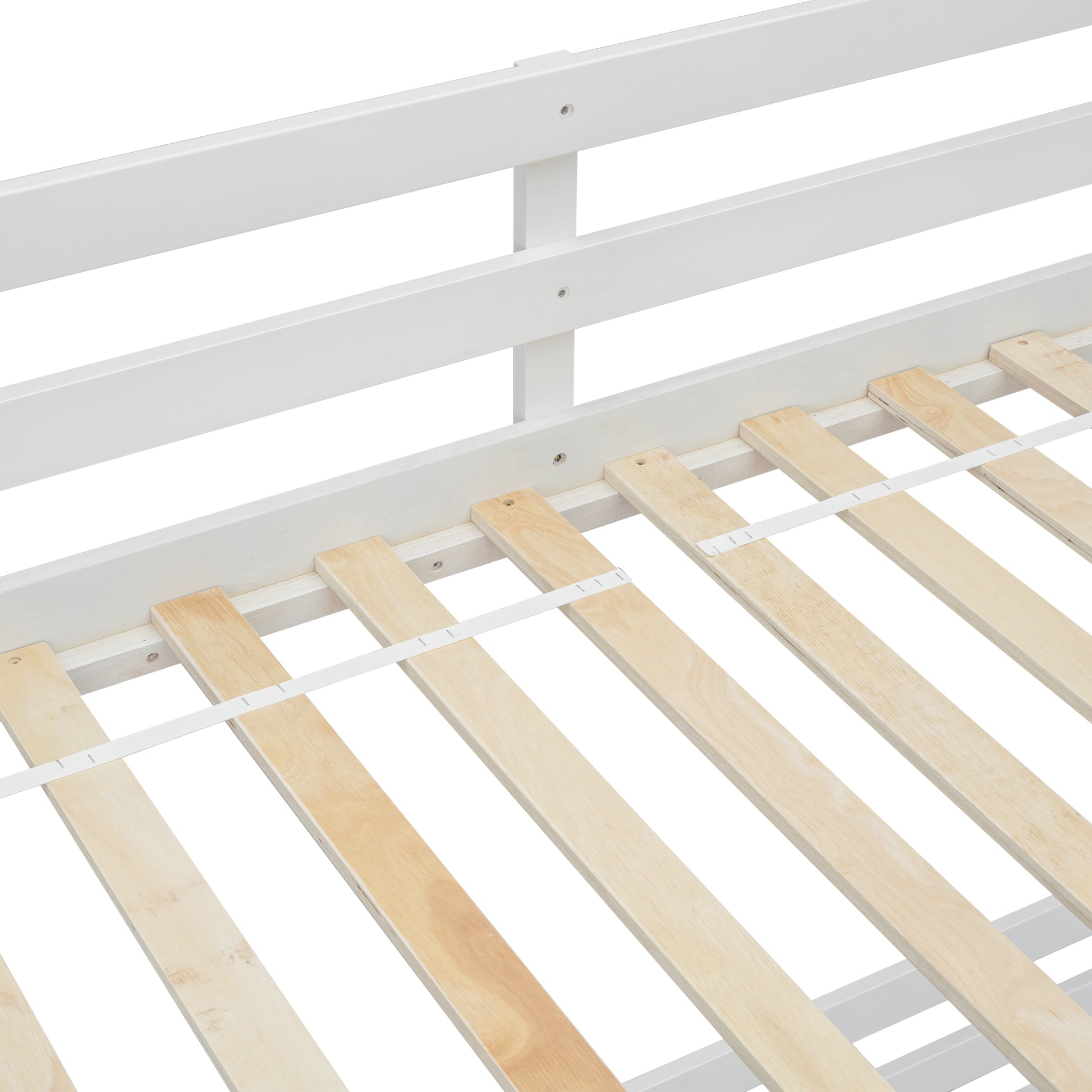 White metal bed frame with wooden slats