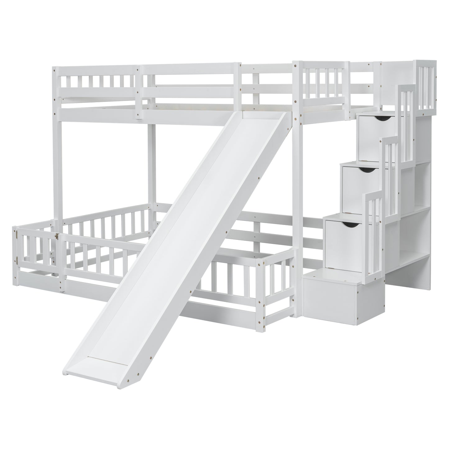 White wooden bunk bed with slide and stairs
