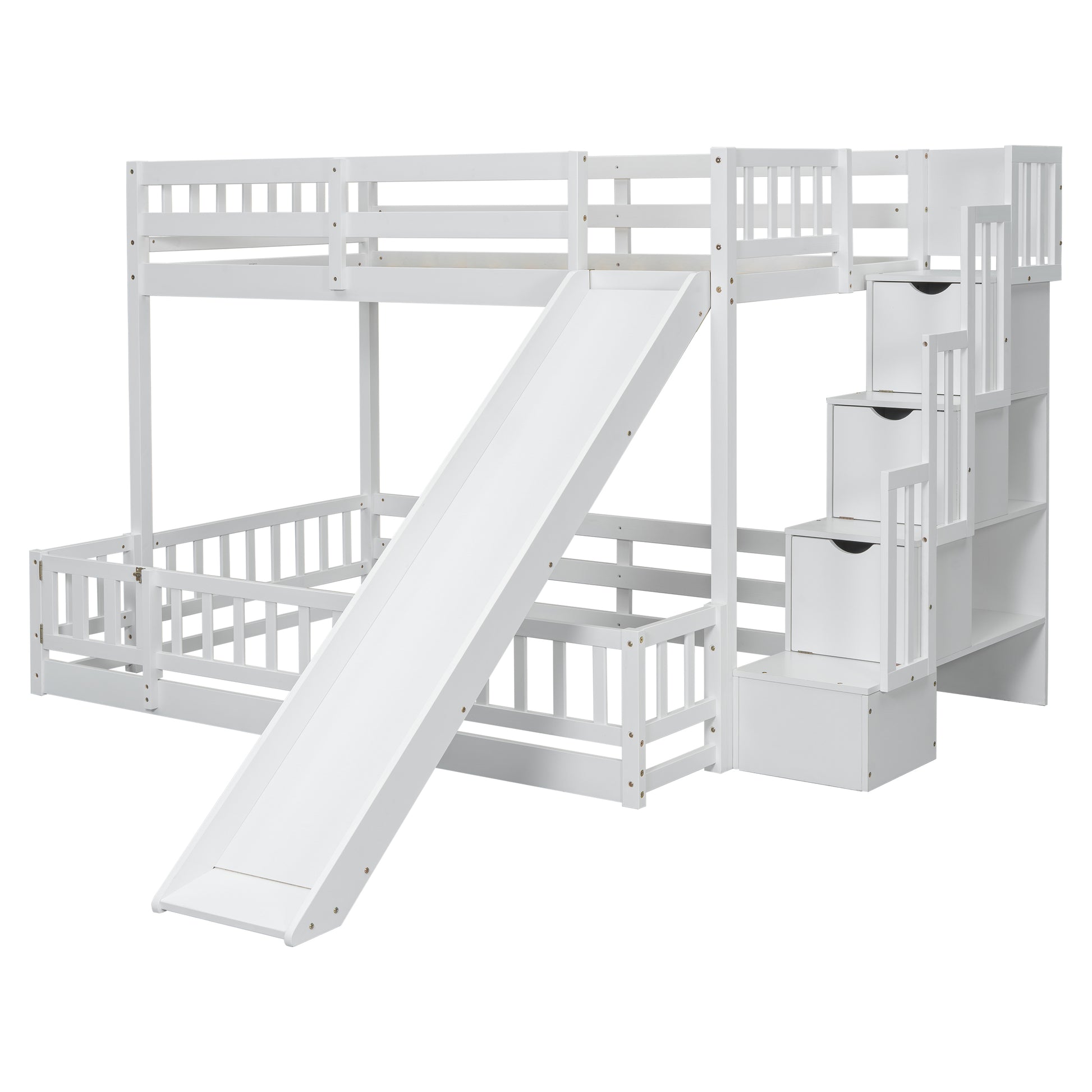 White wooden bunk bed with slide and stairs