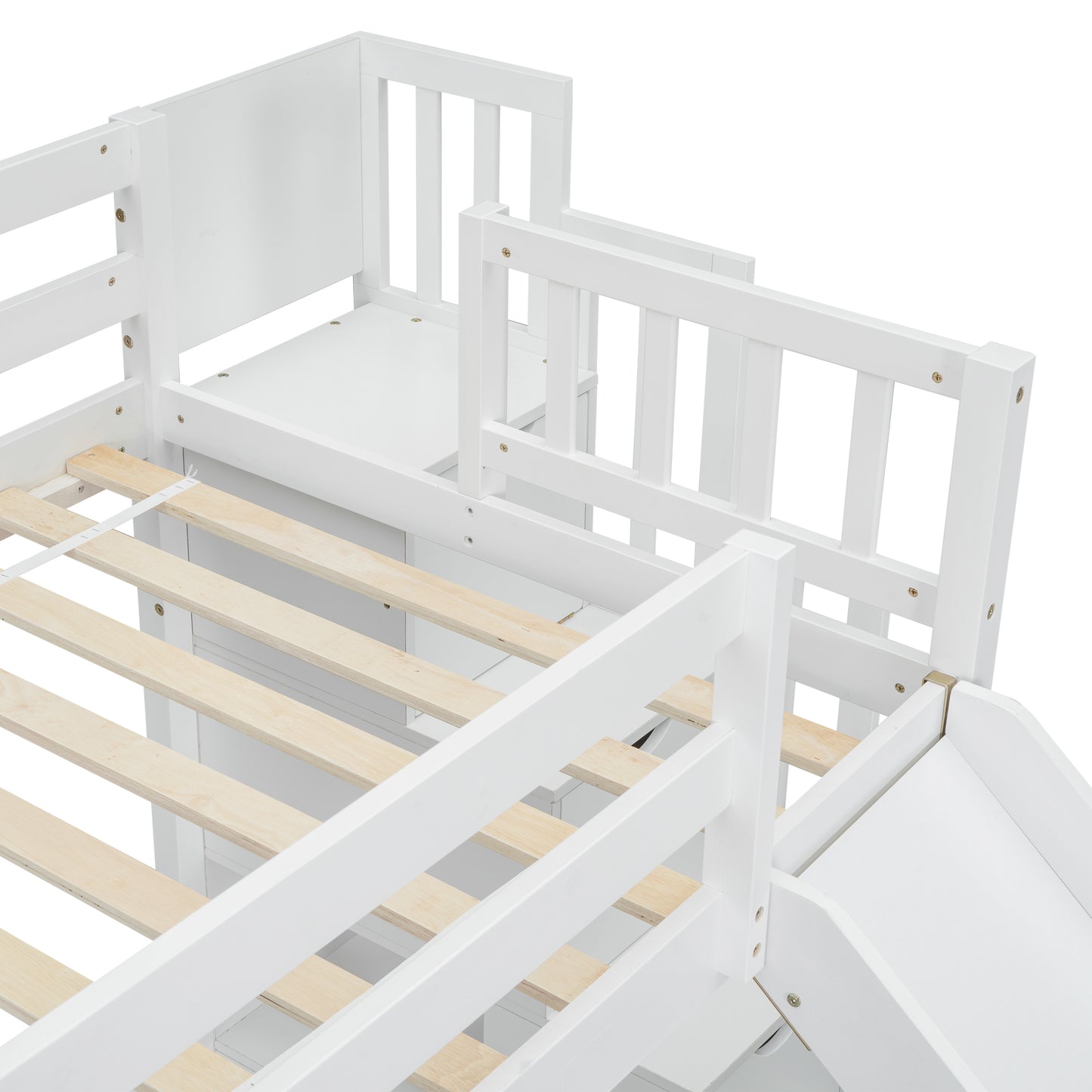 White wooden bunk bed with slide and slatted base