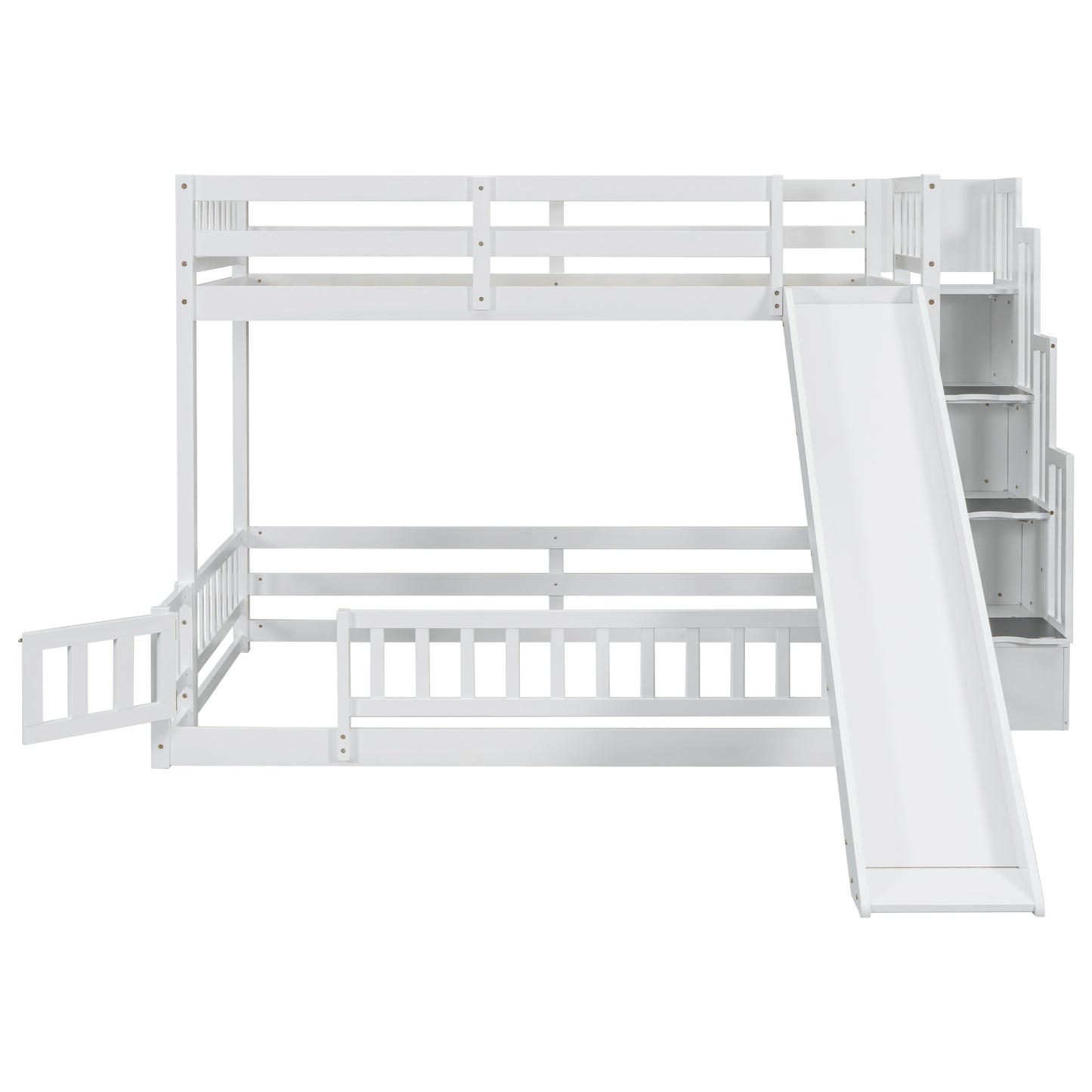 White wooden bunk bed with slide and stairs