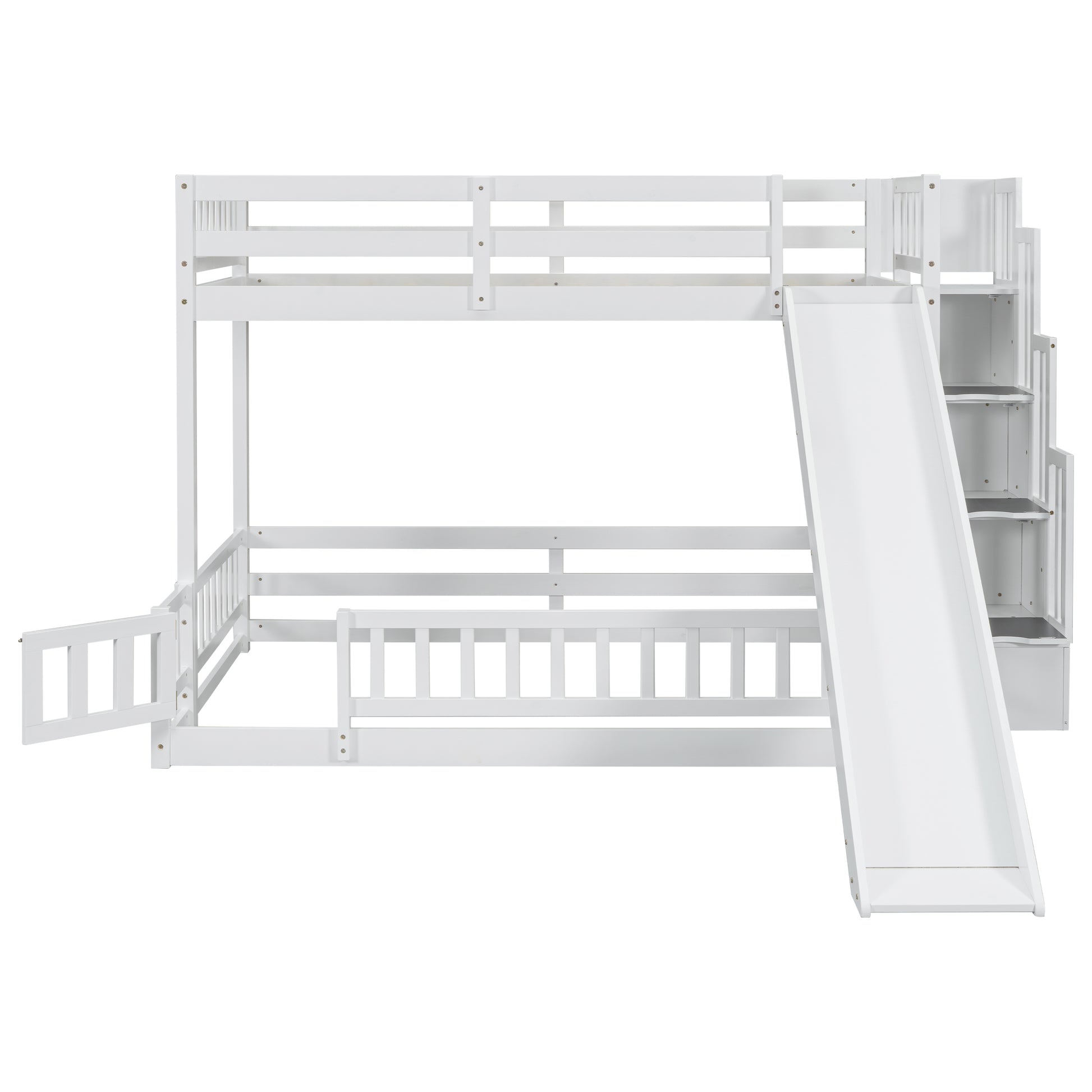 White wooden bunk bed with slide and stairs