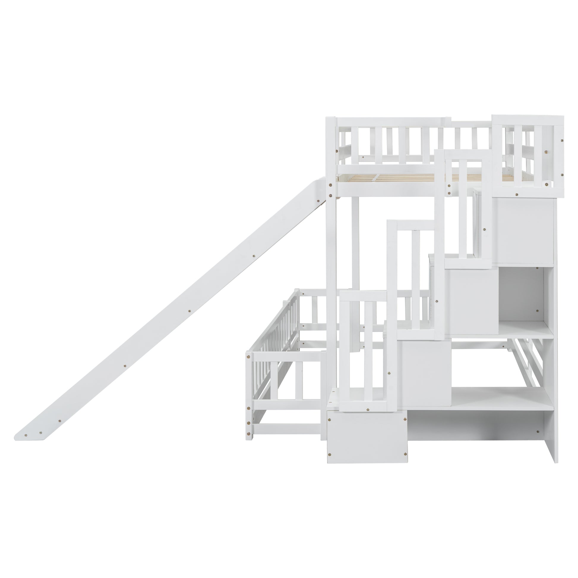 White wooden bunk bed with slide and stairs