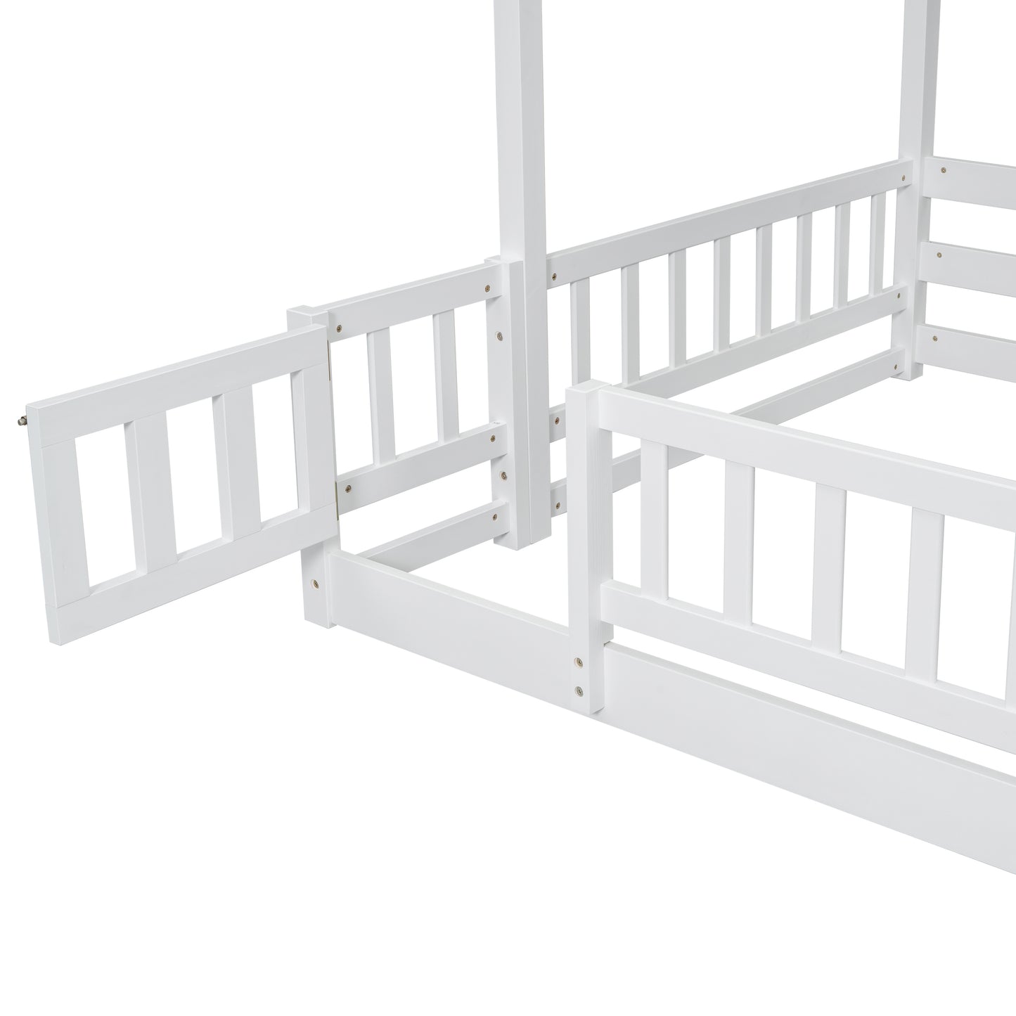 White wooden house bed frame with open gate