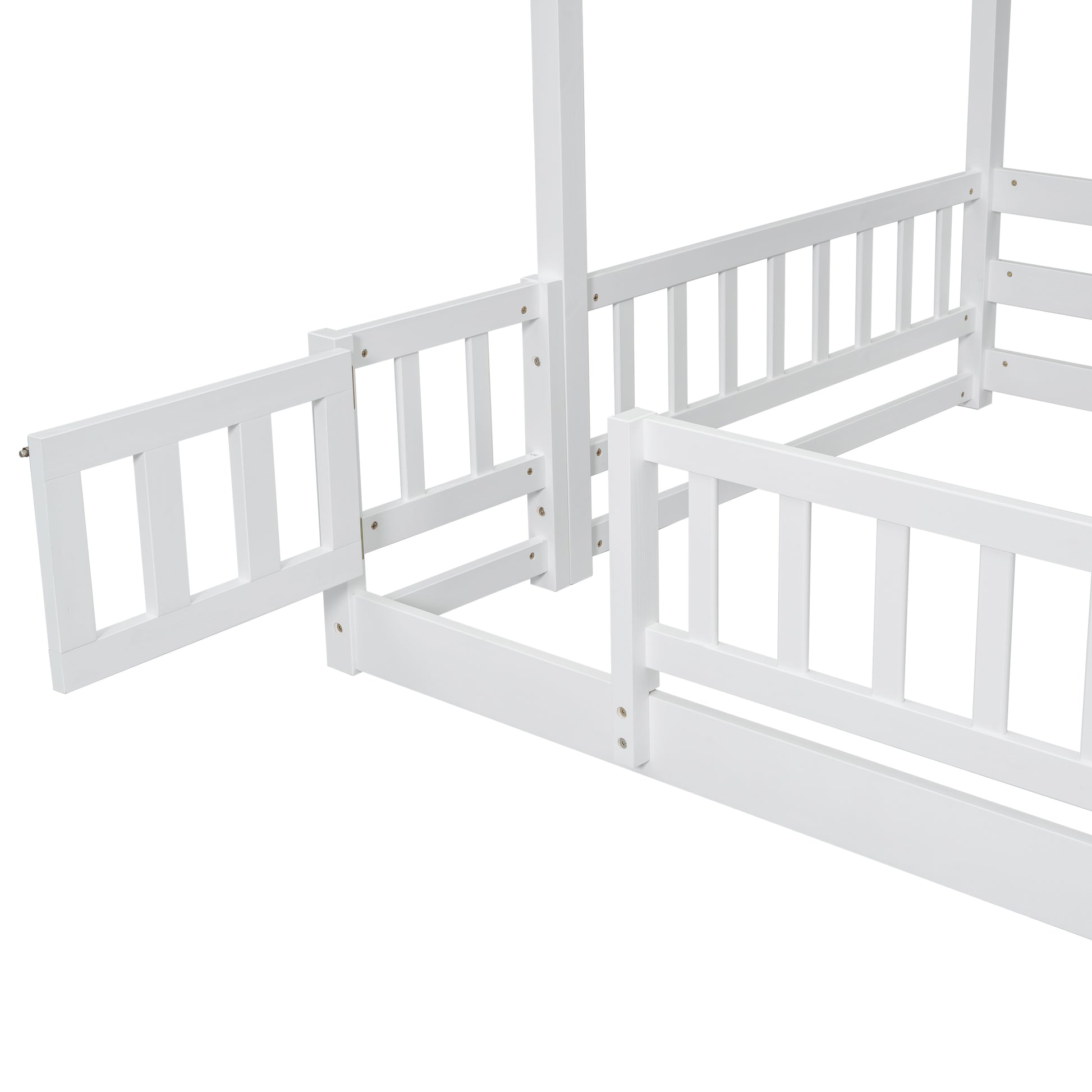 White wooden house bed frame with open gate
