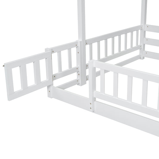 White wooden house bed frame with open gate