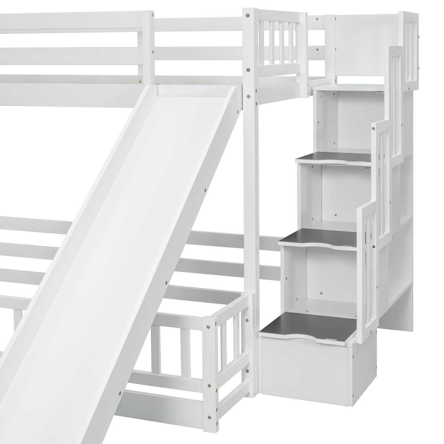 White wooden bunk bed with integrated slide and stair unit