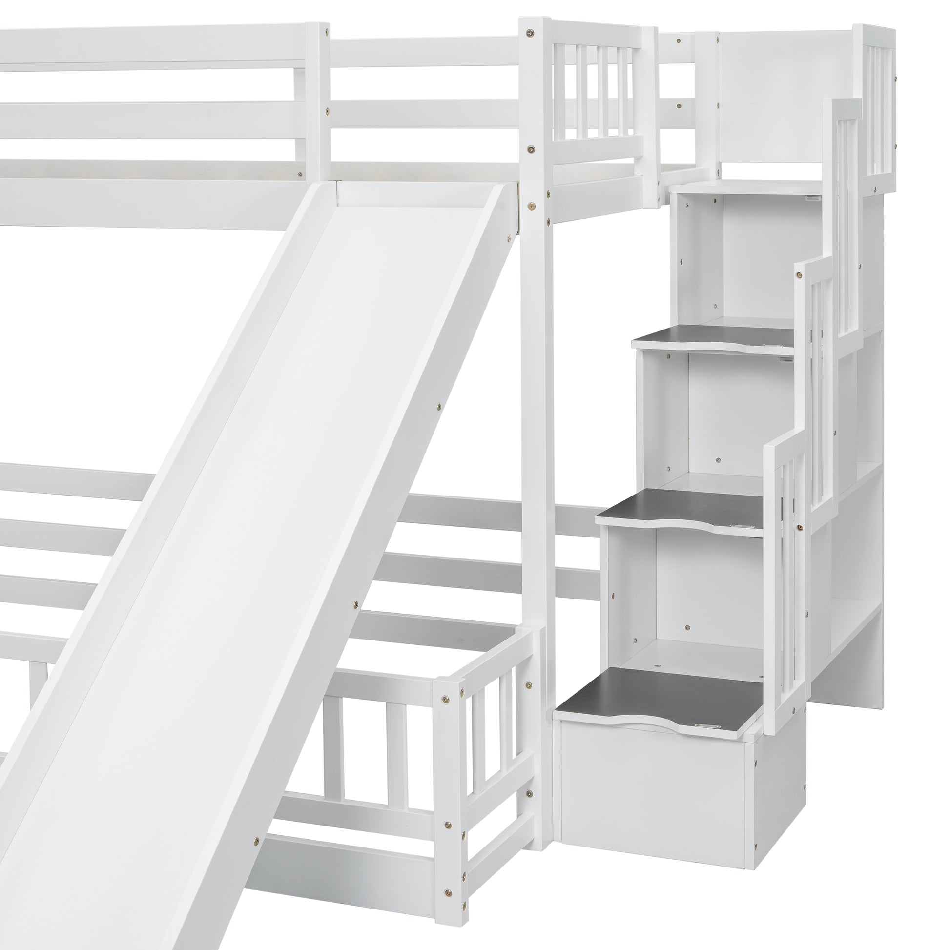 White wooden bunk bed with integrated slide and stair unit