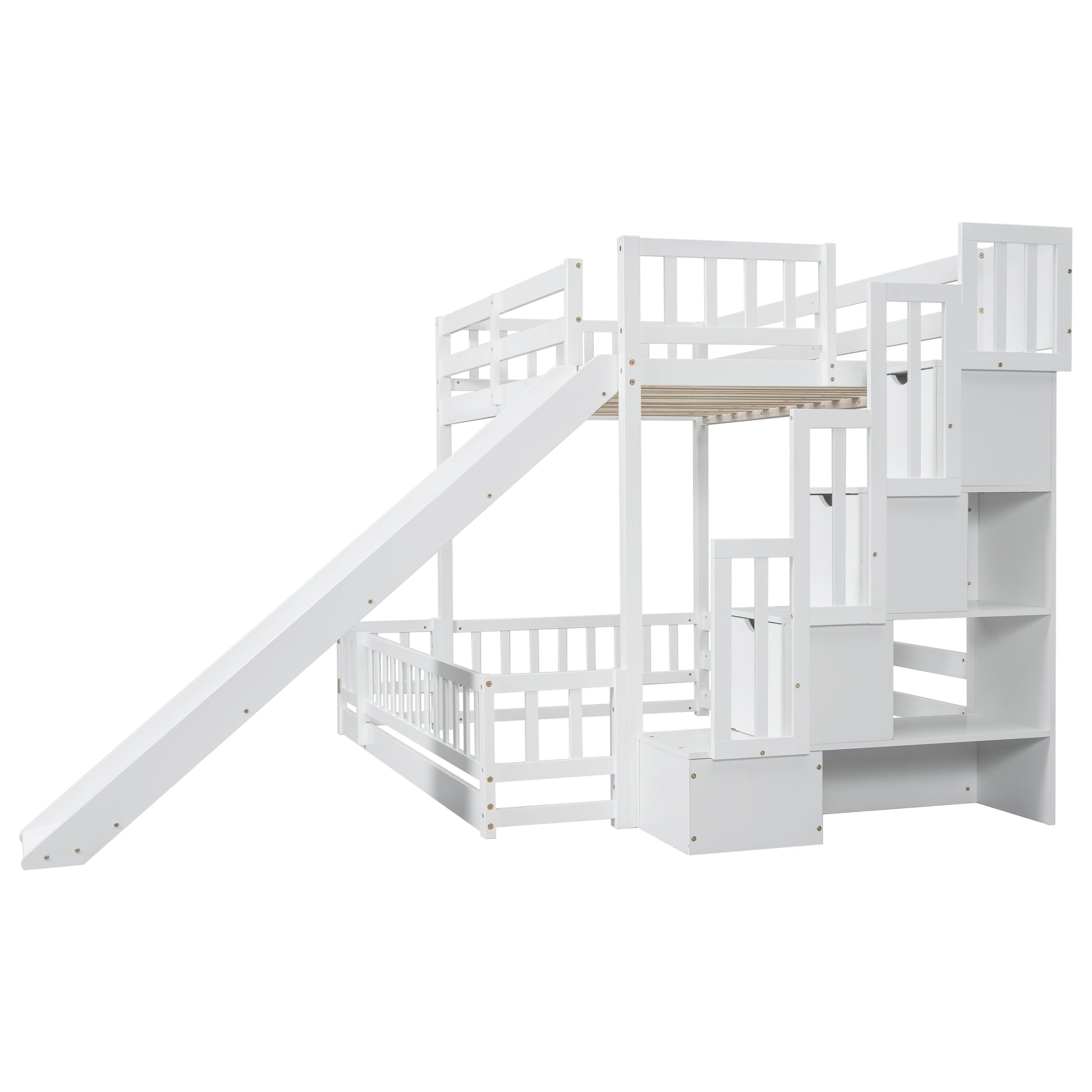 White wooden bunk bed with slide and storage stairs