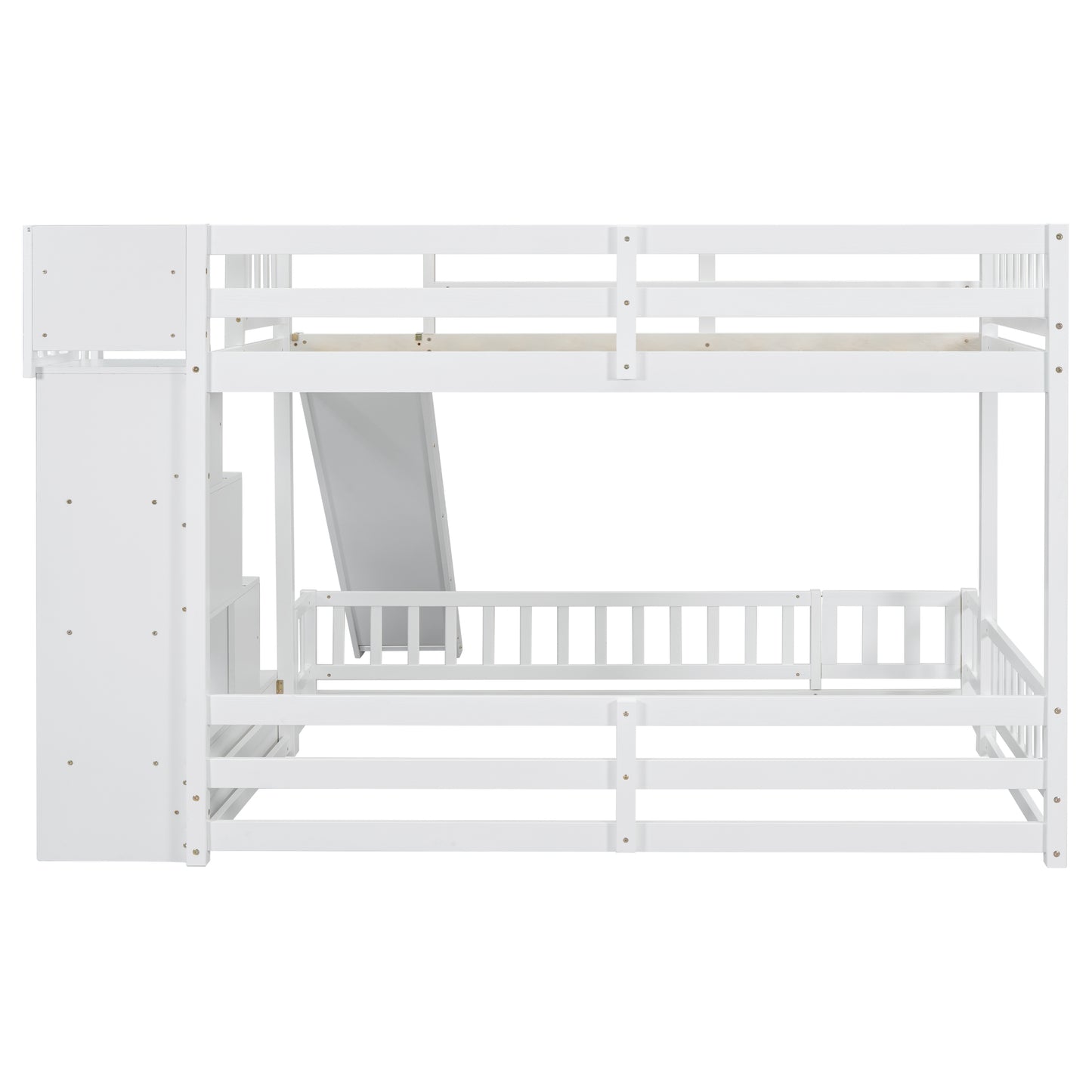 White wooden bunk bed with integrated slide and storage drawers for kids