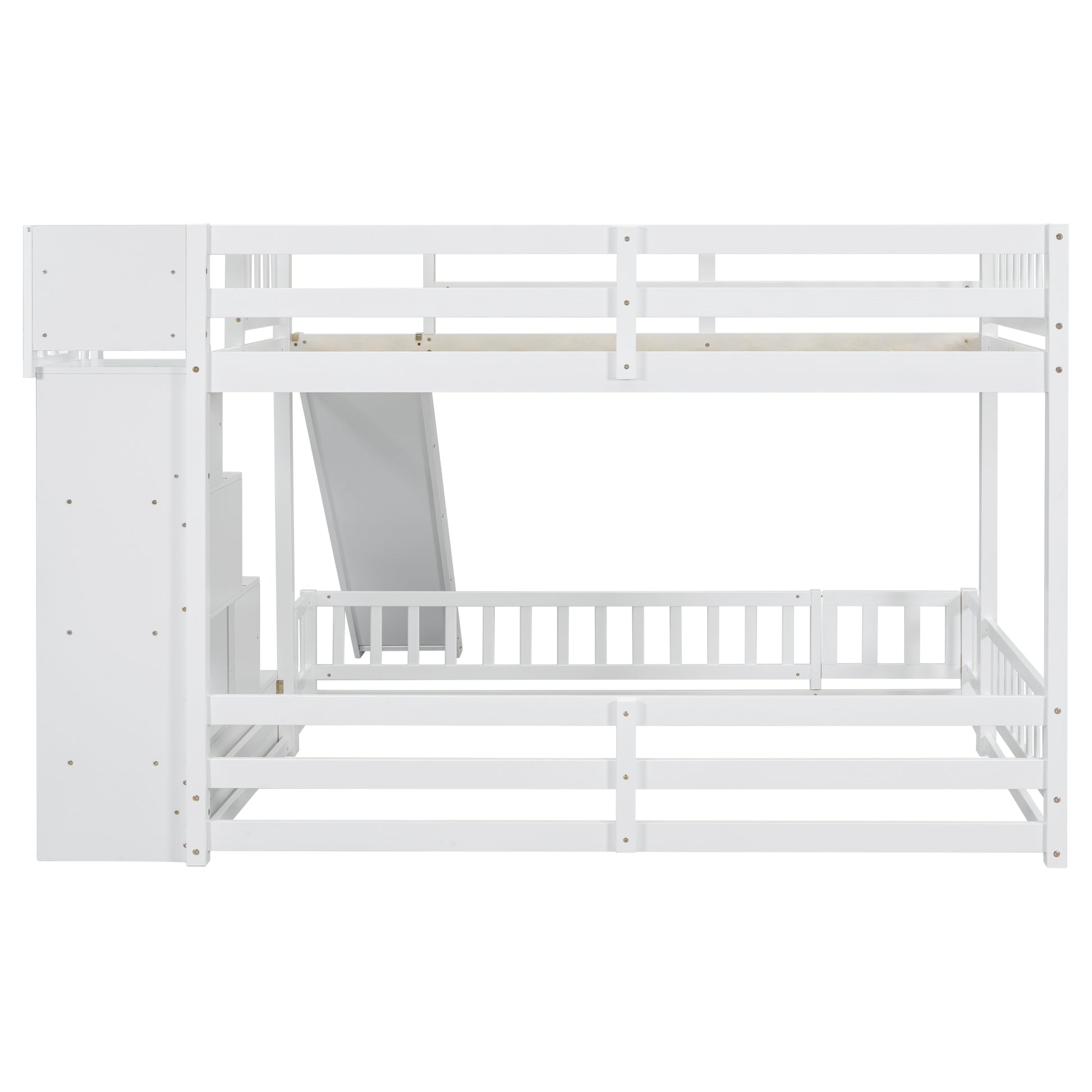 White wooden bunk bed with integrated slide and storage drawers for kids
