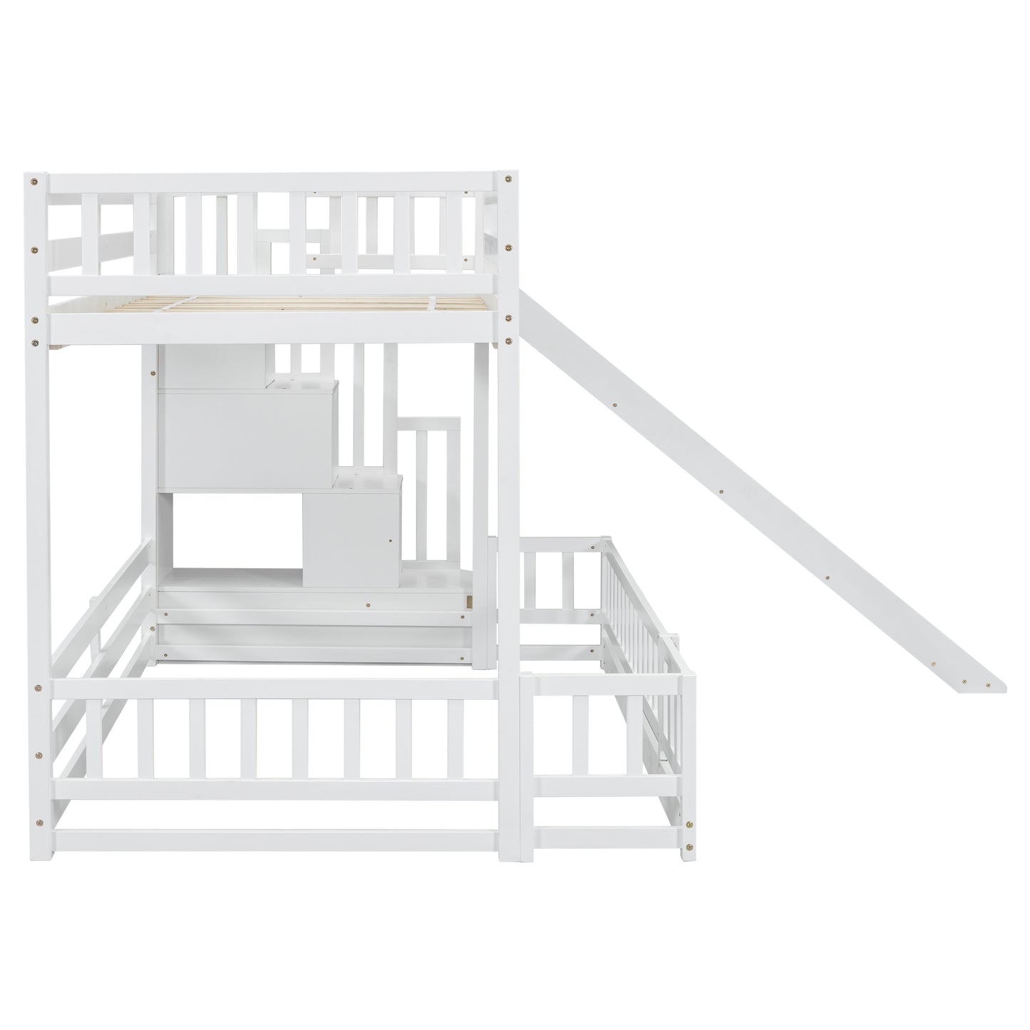 White wooden bunk bed with slide and staircase storage for kids room