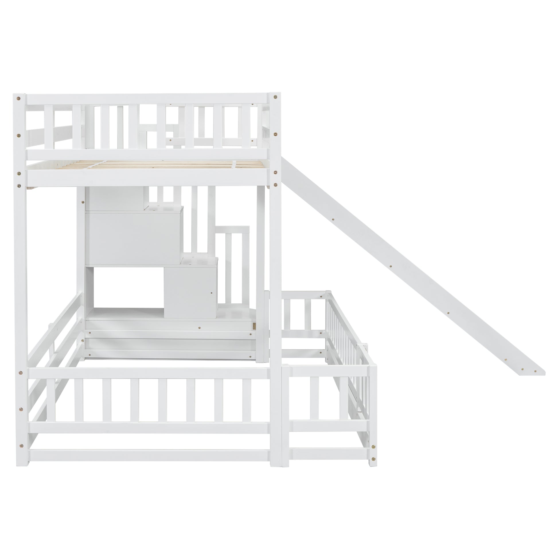 White wooden bunk bed with slide and staircase storage for kids room