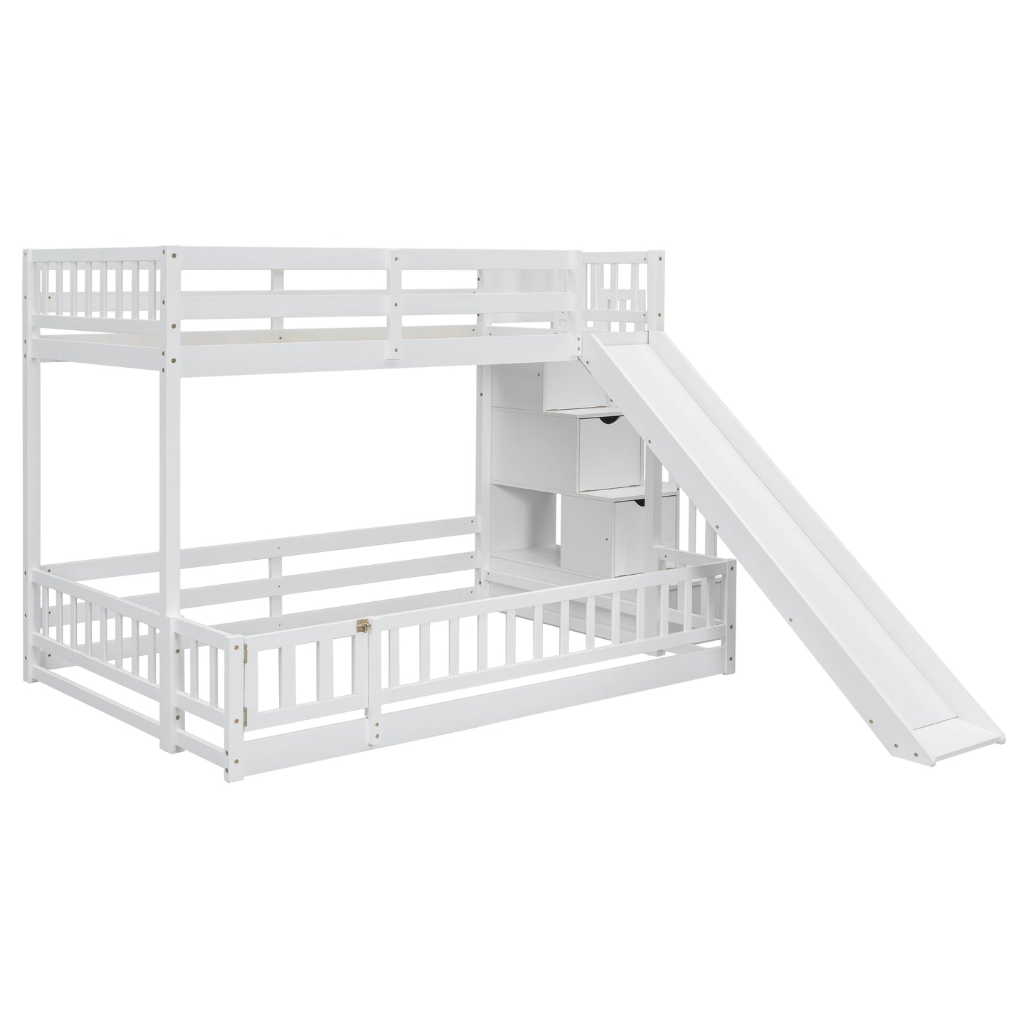 White wooden bunk bed with slide and storage drawers for kids
