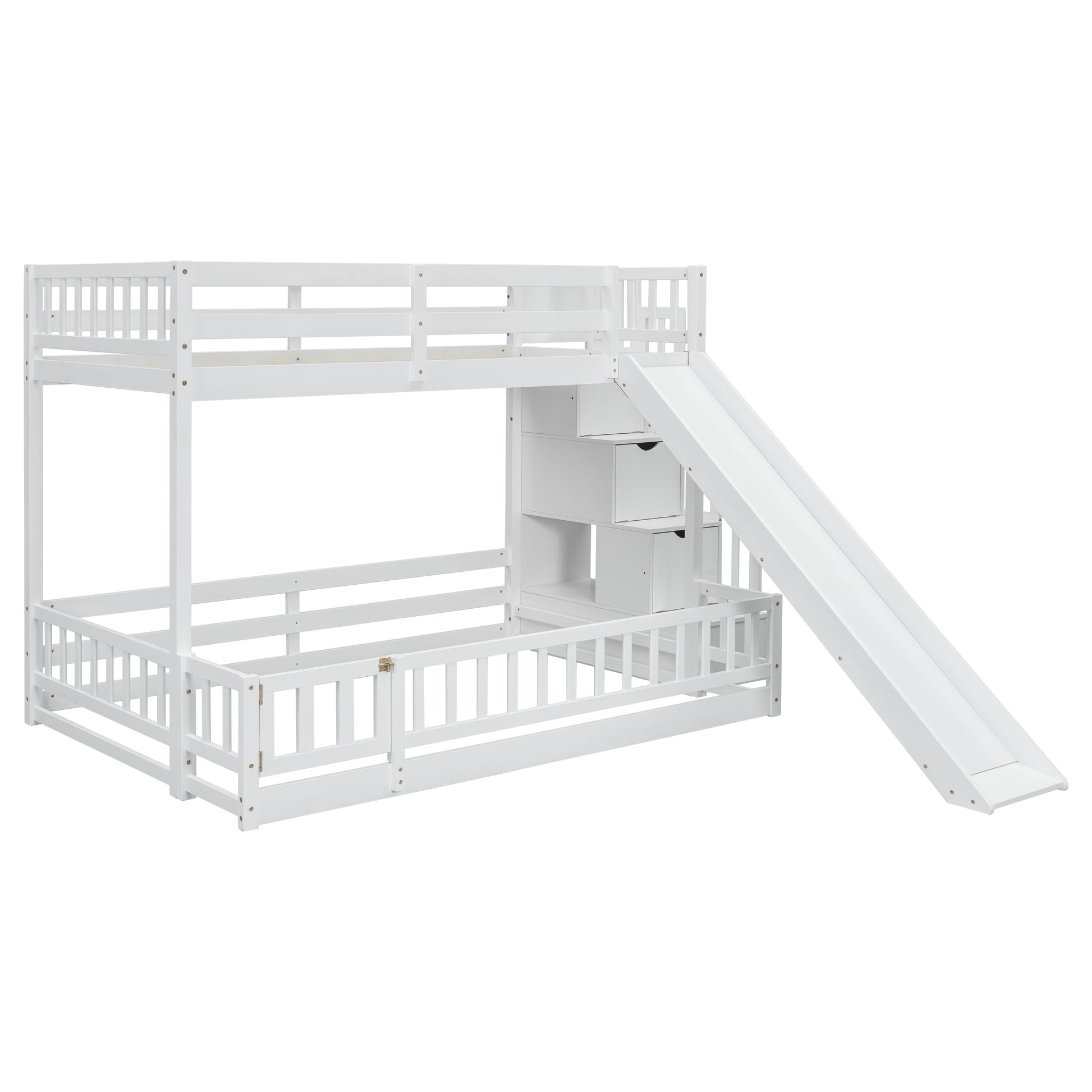 White wooden bunk bed with slide and storage drawers for kids