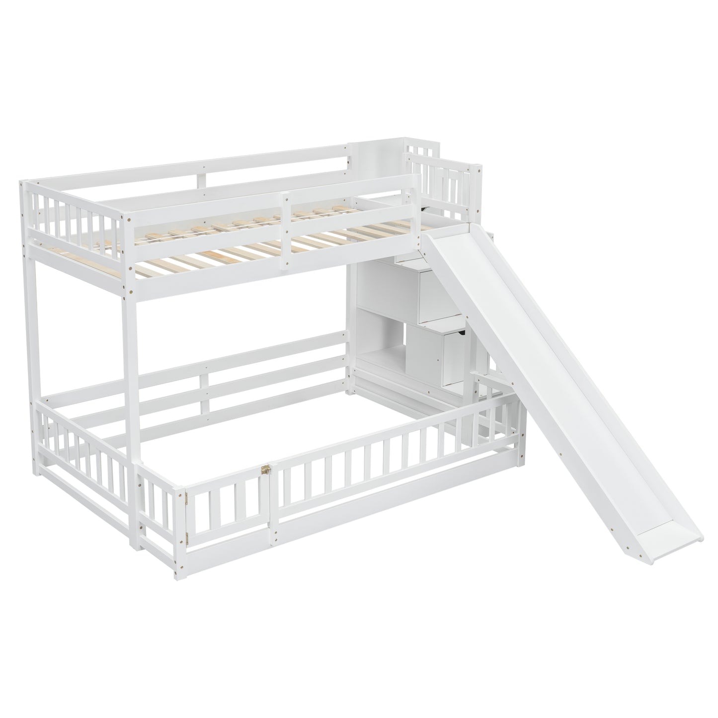 White wooden twin over twin bunk bed with slide and storage stairs