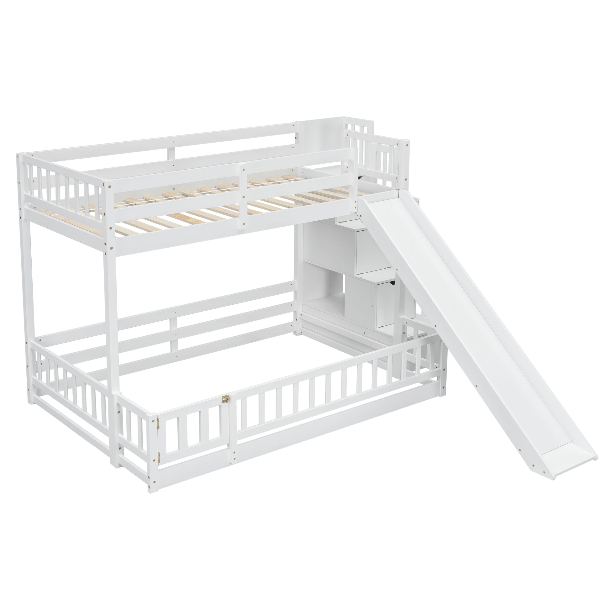 White wooden twin over twin bunk bed with slide and storage stairs