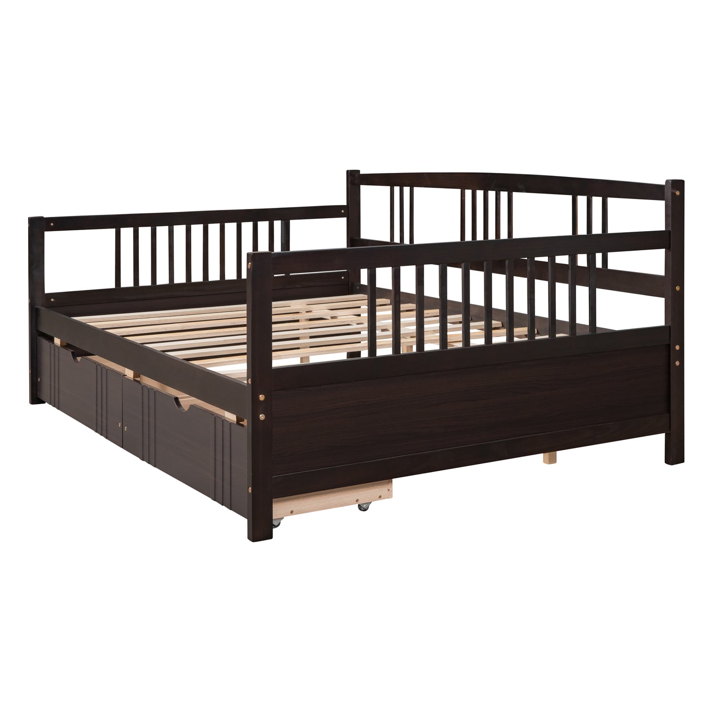 Dark brown wooden daybed with three drawers and slatted support