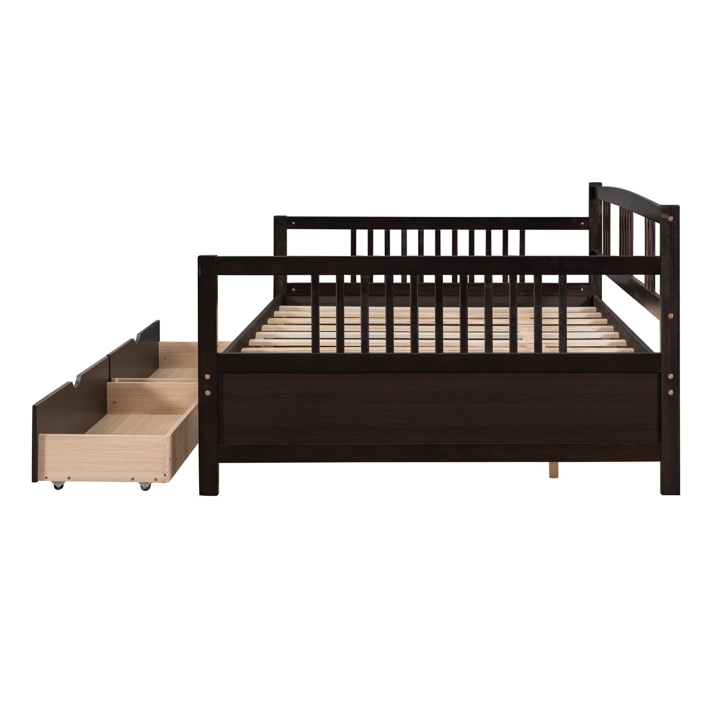 Dark brown wooden daybed with three pullout storage drawers on casters
