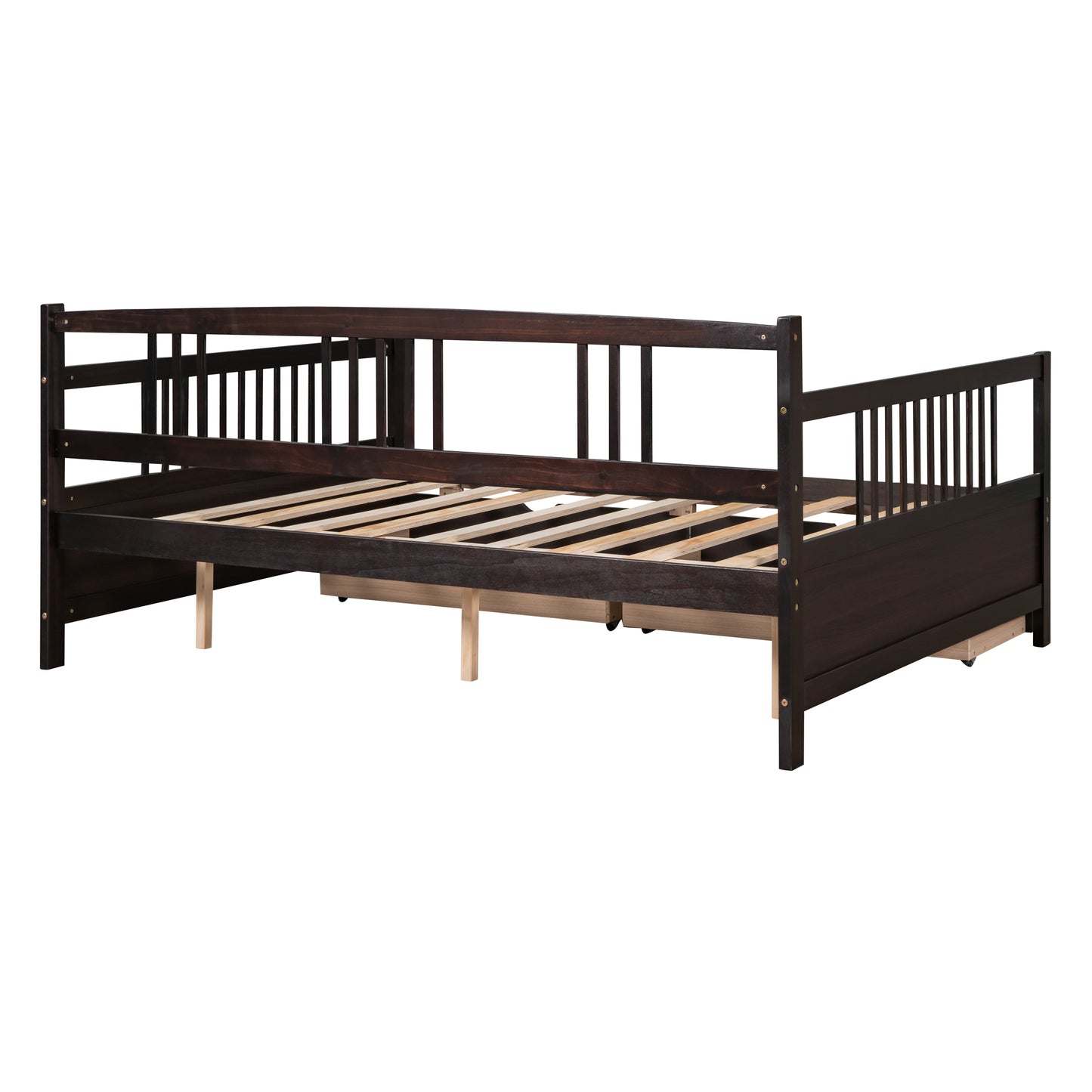 Dark brown wooden daybed with slatted base and spindle back