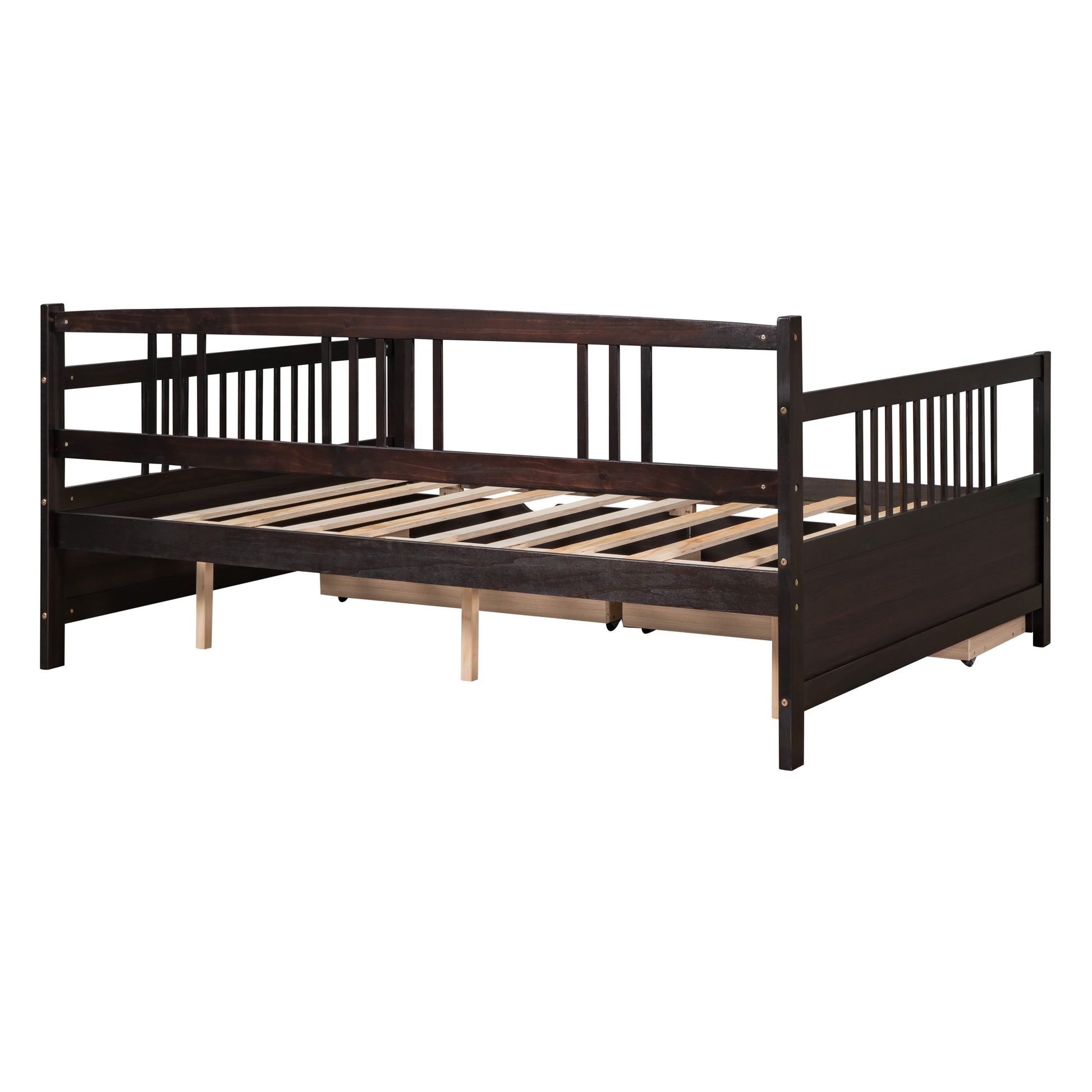 Dark brown wooden daybed with slatted base and spindle back