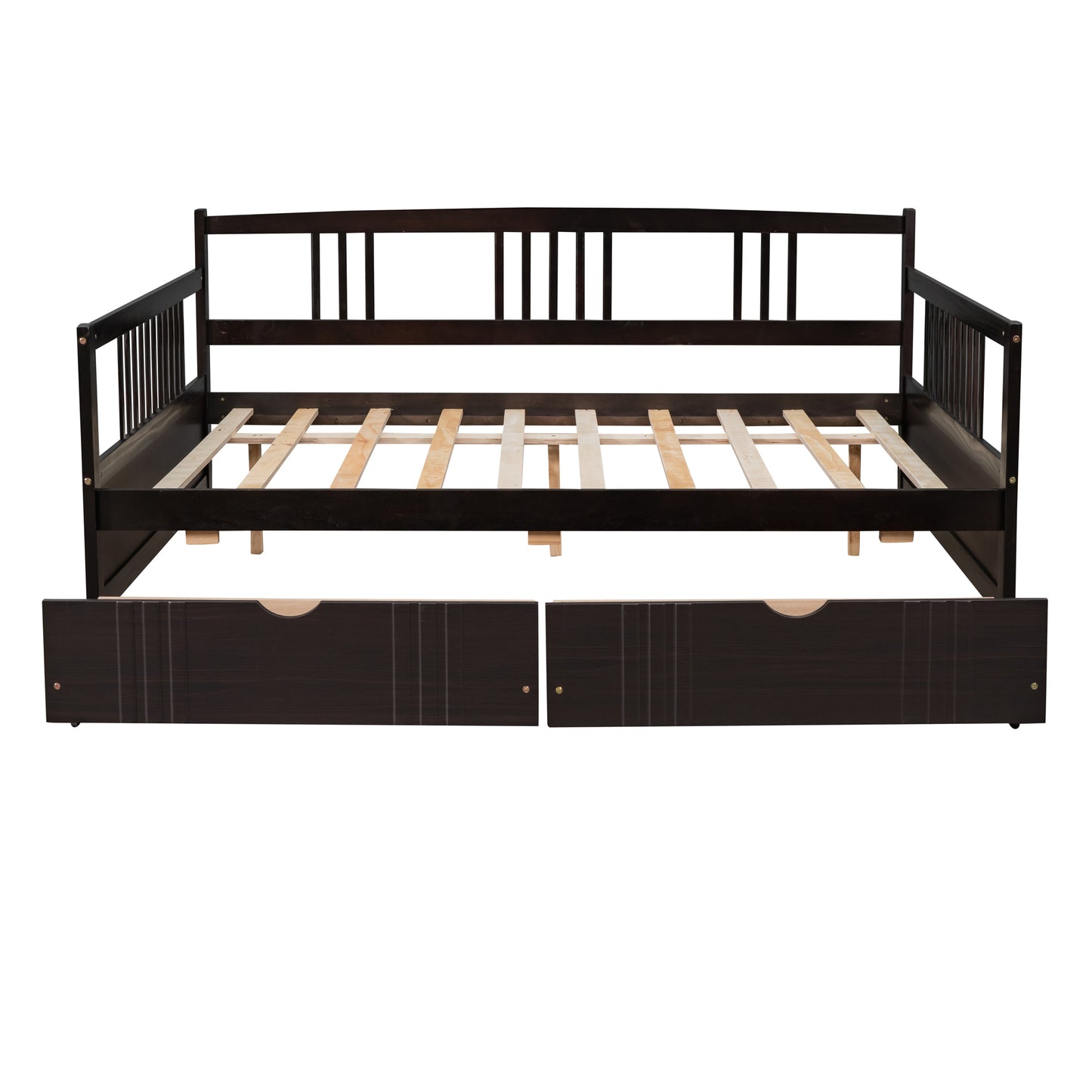 Dark wood daybed with two pullout storage drawers and slatted frame modern design