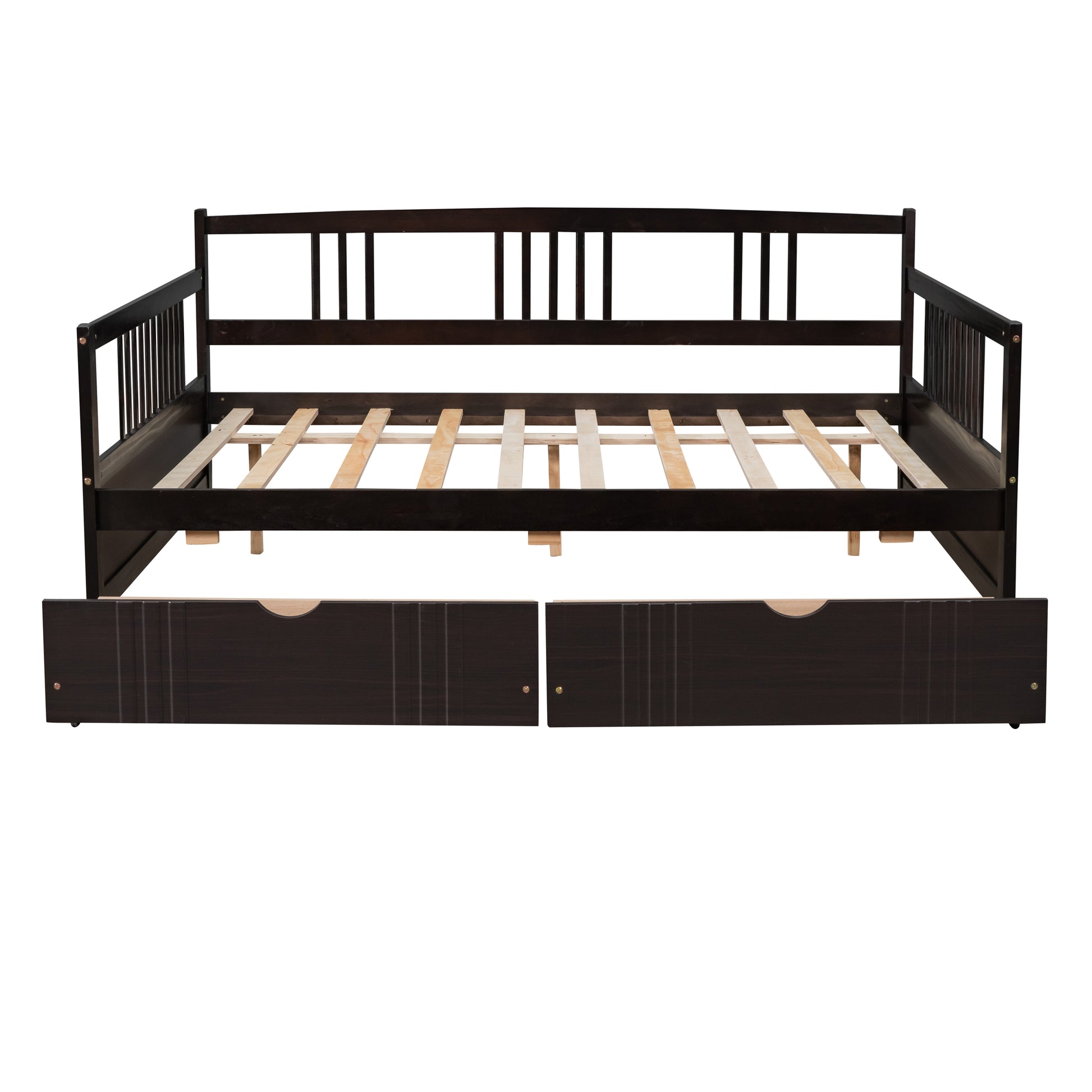 Dark wood daybed with two pullout storage drawers and slatted frame modern design